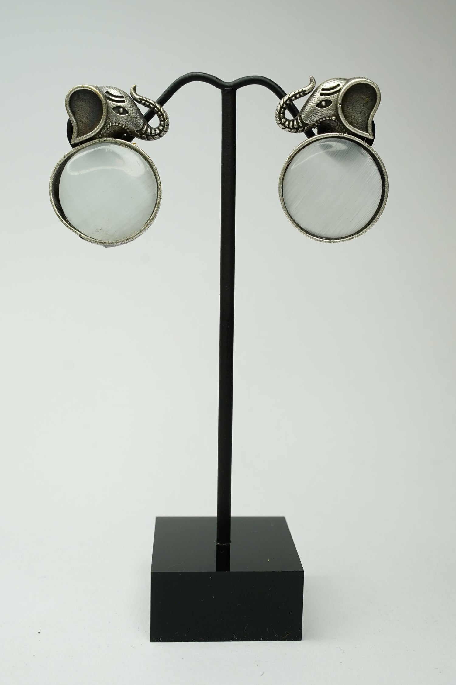 Oxidized Silver Elephant Stud Earrings with Stone