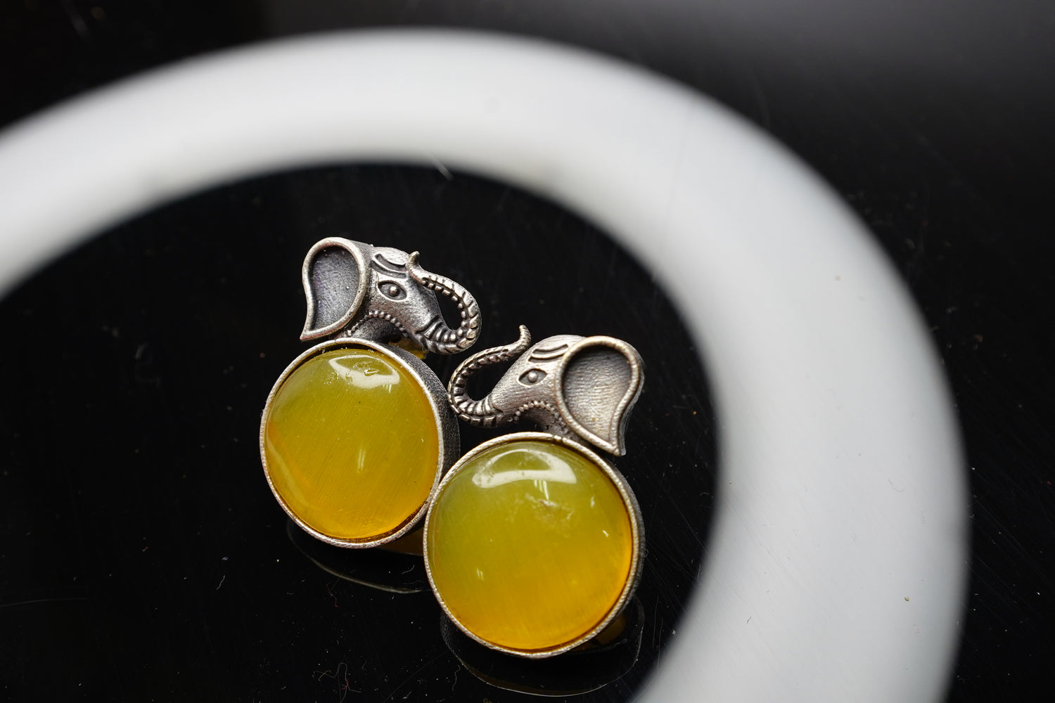 Oxidized Silver Elephant Stud Earrings with Stone