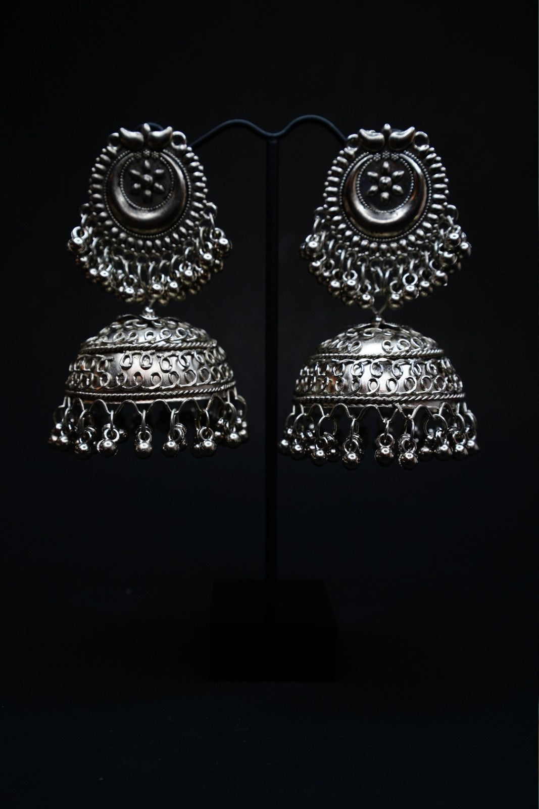 Silver-Plated Oxidised Dome Shaped Jhumkas