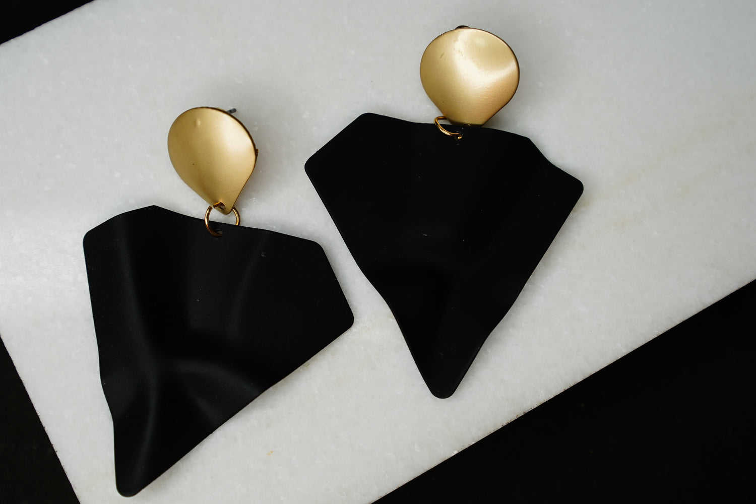 Black Geometric Statement Earrings with Gold Studs