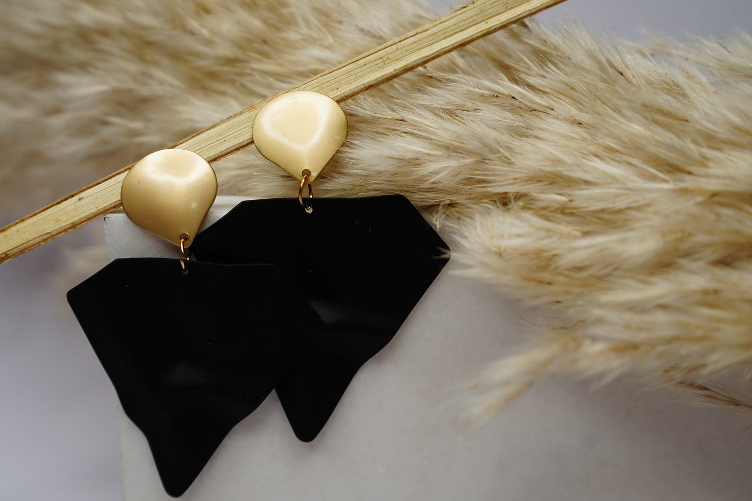 Black Geometric Statement Earrings with Gold Studs