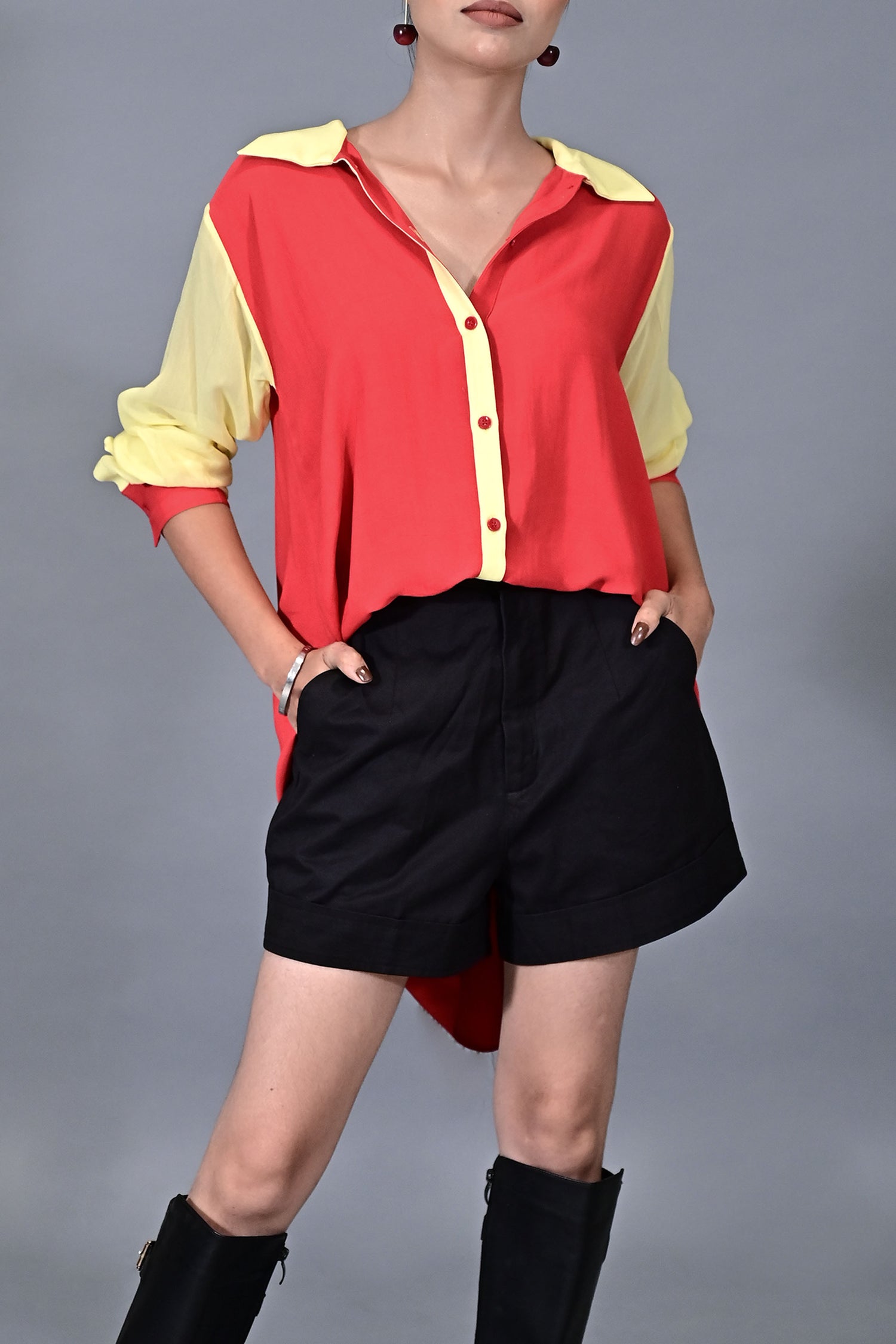 Crimson Pop Contrast Shirt with black shorts