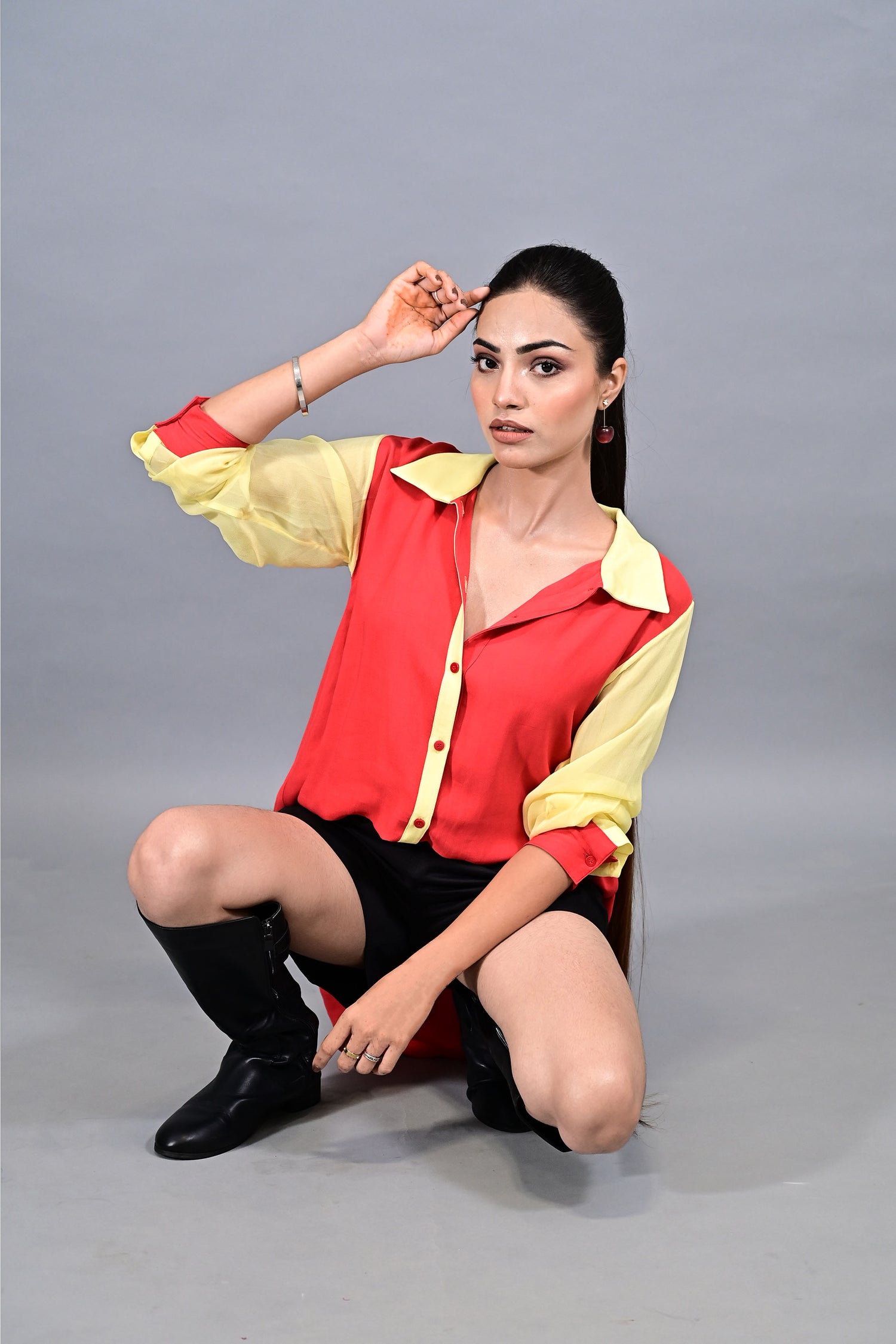 Crimson Pop Contrast Shirt with black shorts