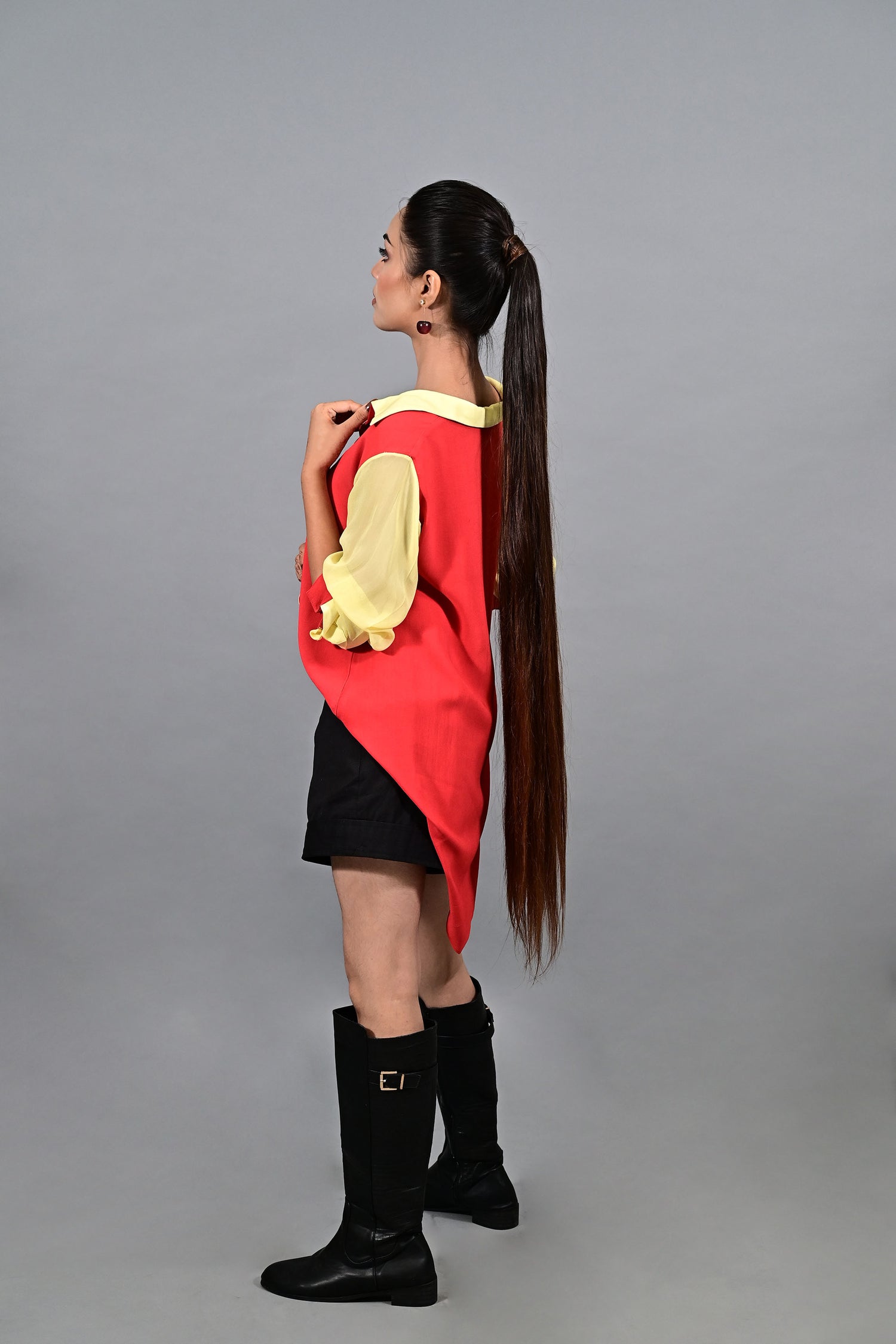 Crimson Pop Contrast Shirt with black shorts