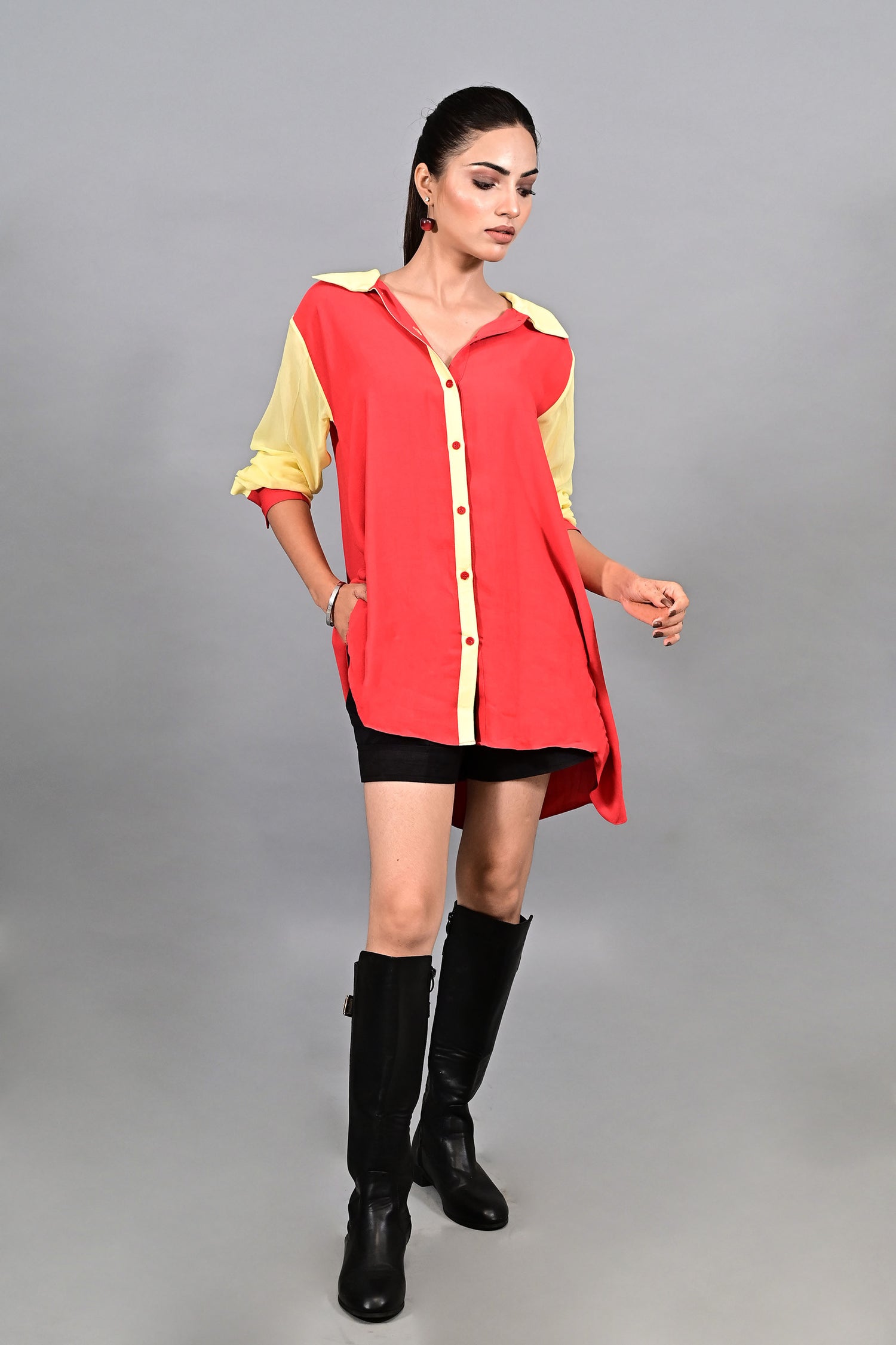 Crimson Pop Contrast Shirt with black shorts