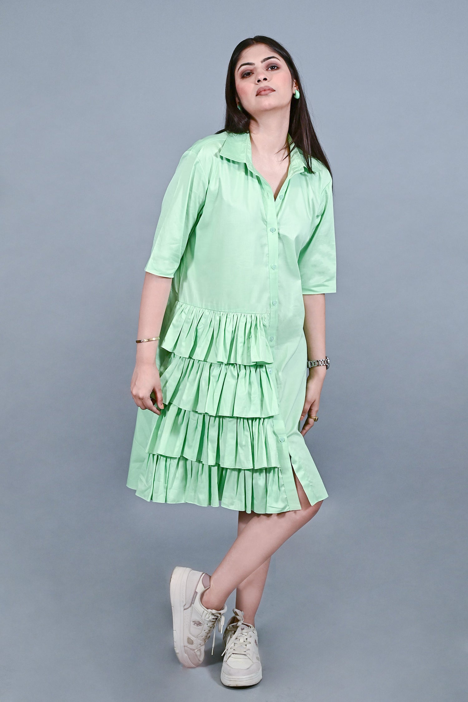 Mint Ruffle Pop Shirt Dress