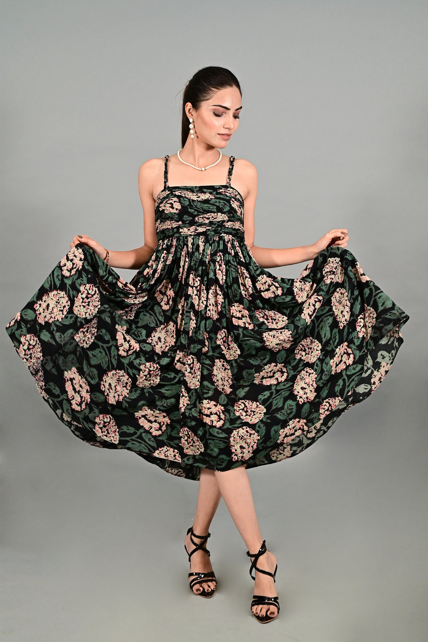 The Noir Flora Strappy Midi Dress
