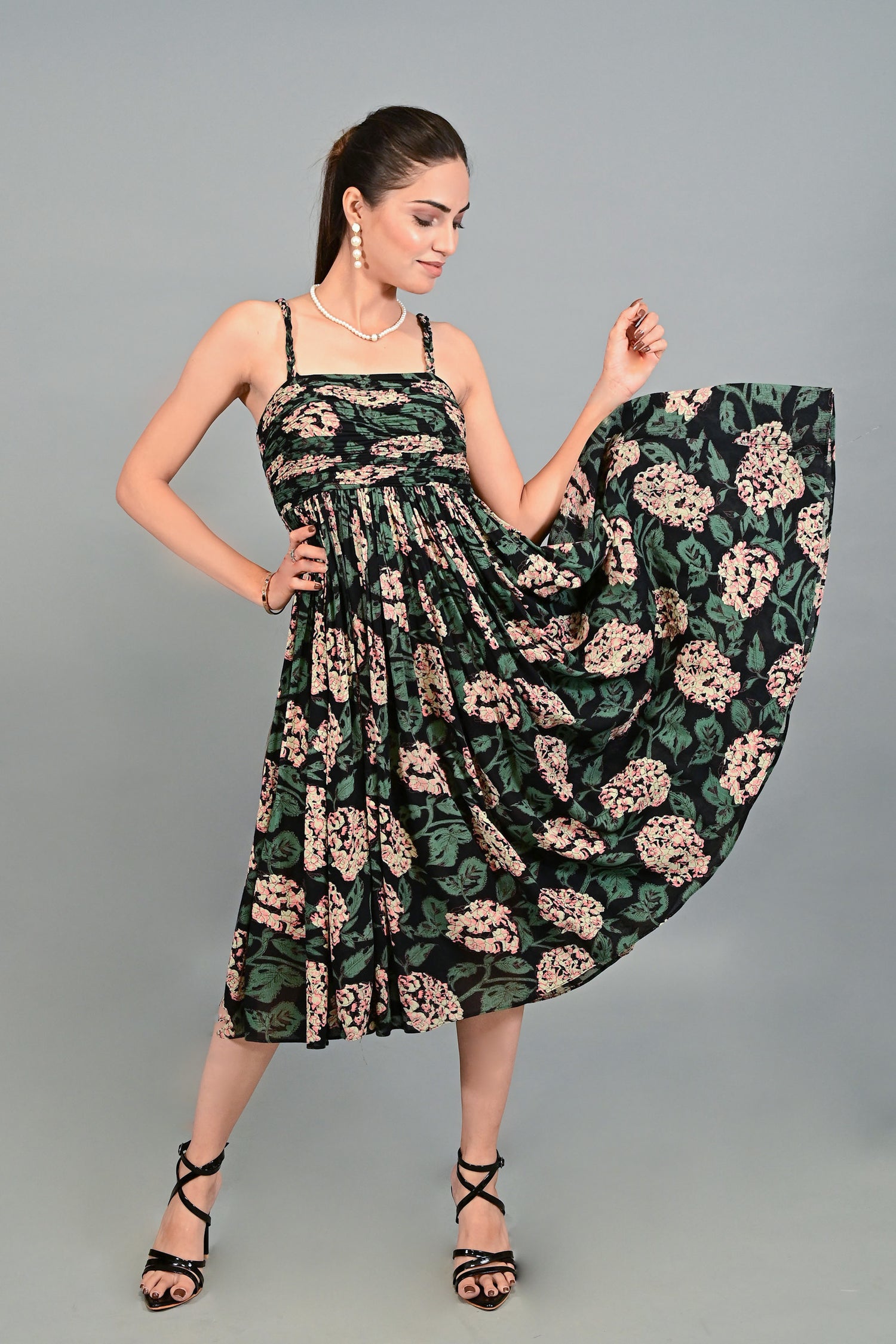 The Noir Flora Strappy Midi Dress