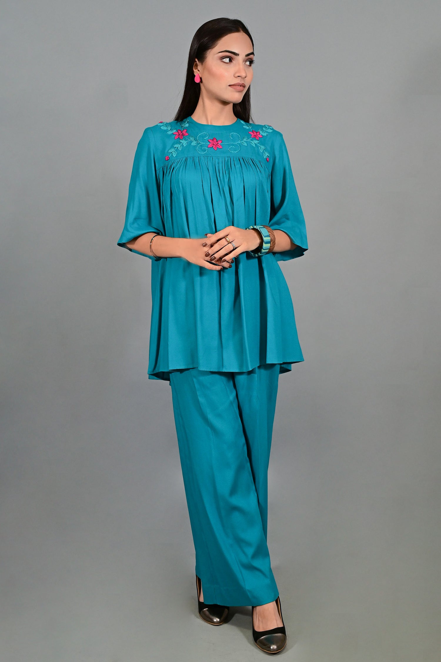 Teal Bloom Embroidered Co-ord