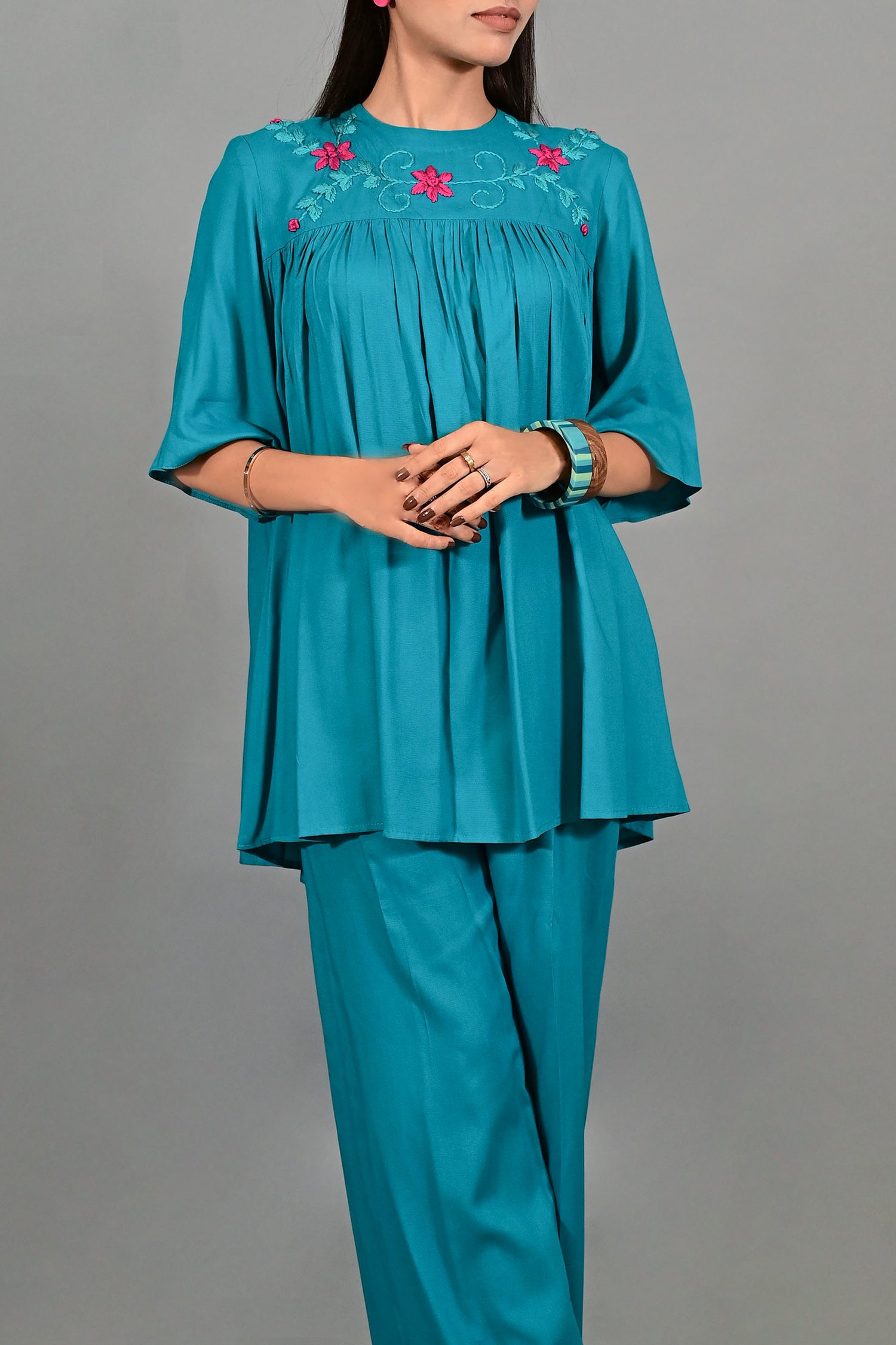 Teal Bloom Embroidered Co-ord