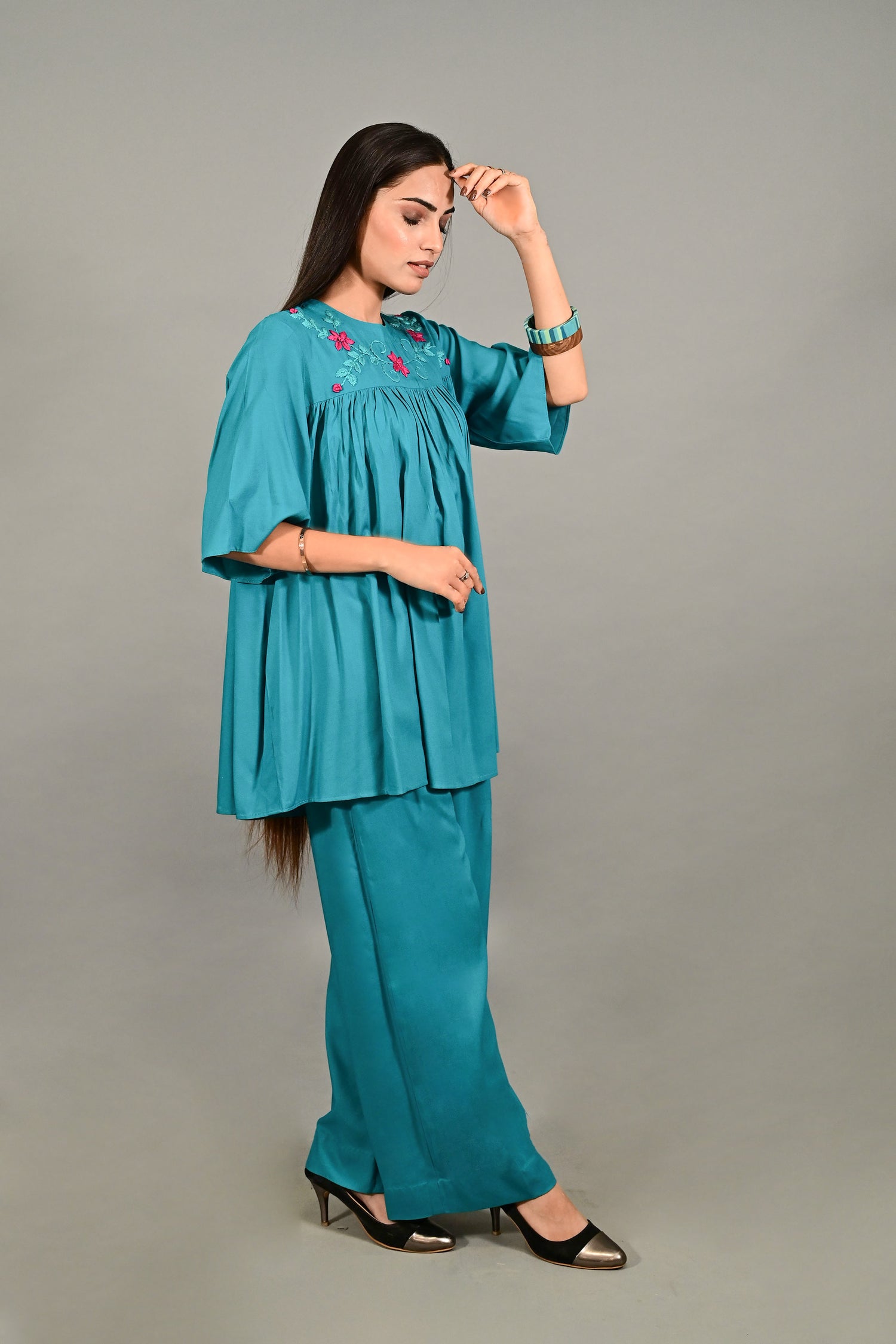 Teal Bloom Embroidered Co-ord