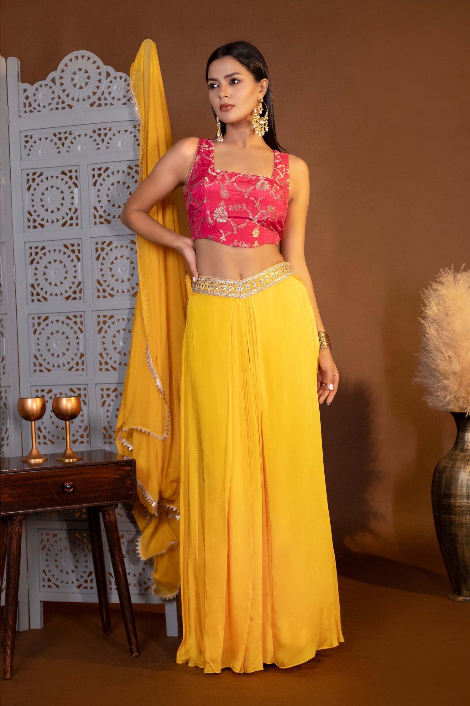 Elegant Drape Skirt and brocade Blouse With Dupatta