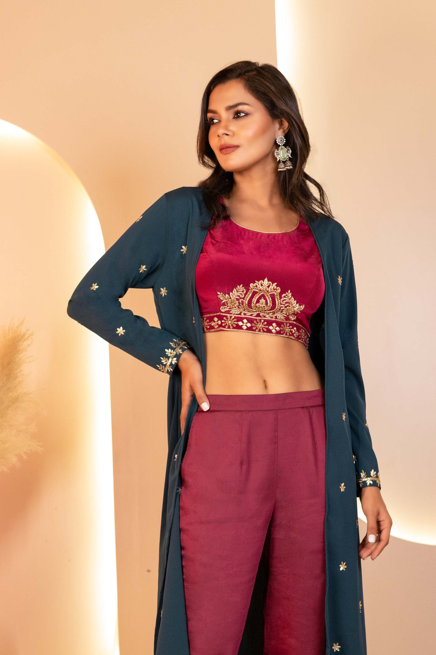 Embroidered Maroon Crepe Blouse with pants and Green Shrug