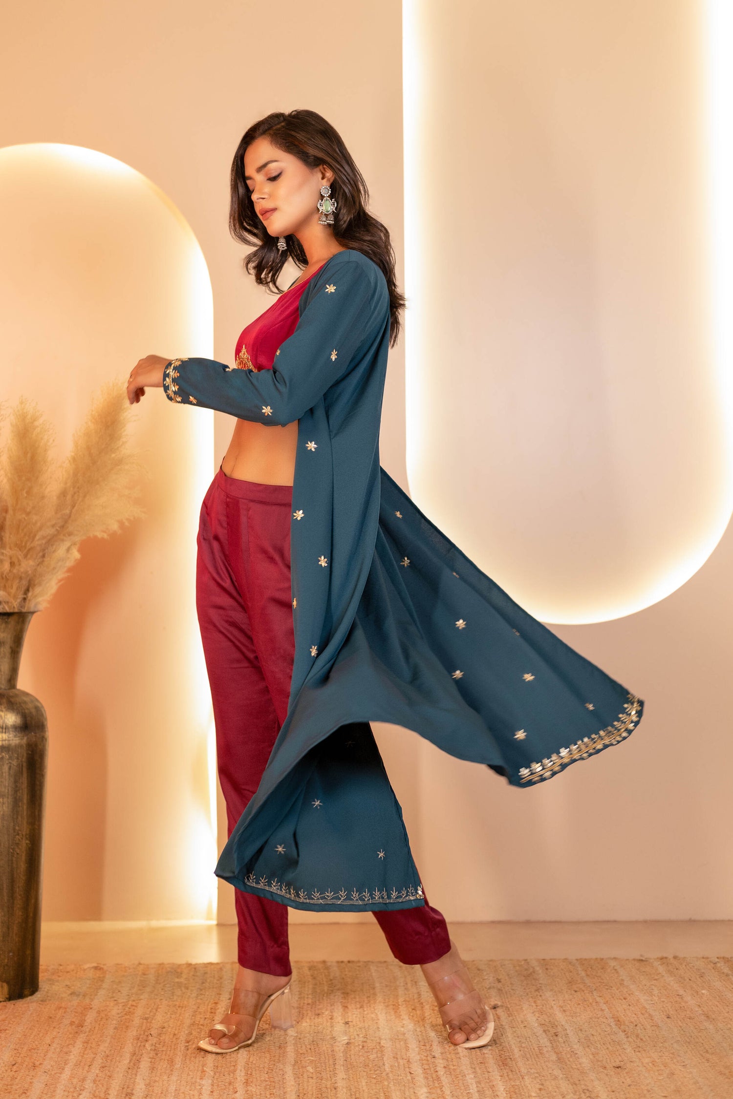 Embroidered Maroon Crepe Blouse with pants and Green Shrug