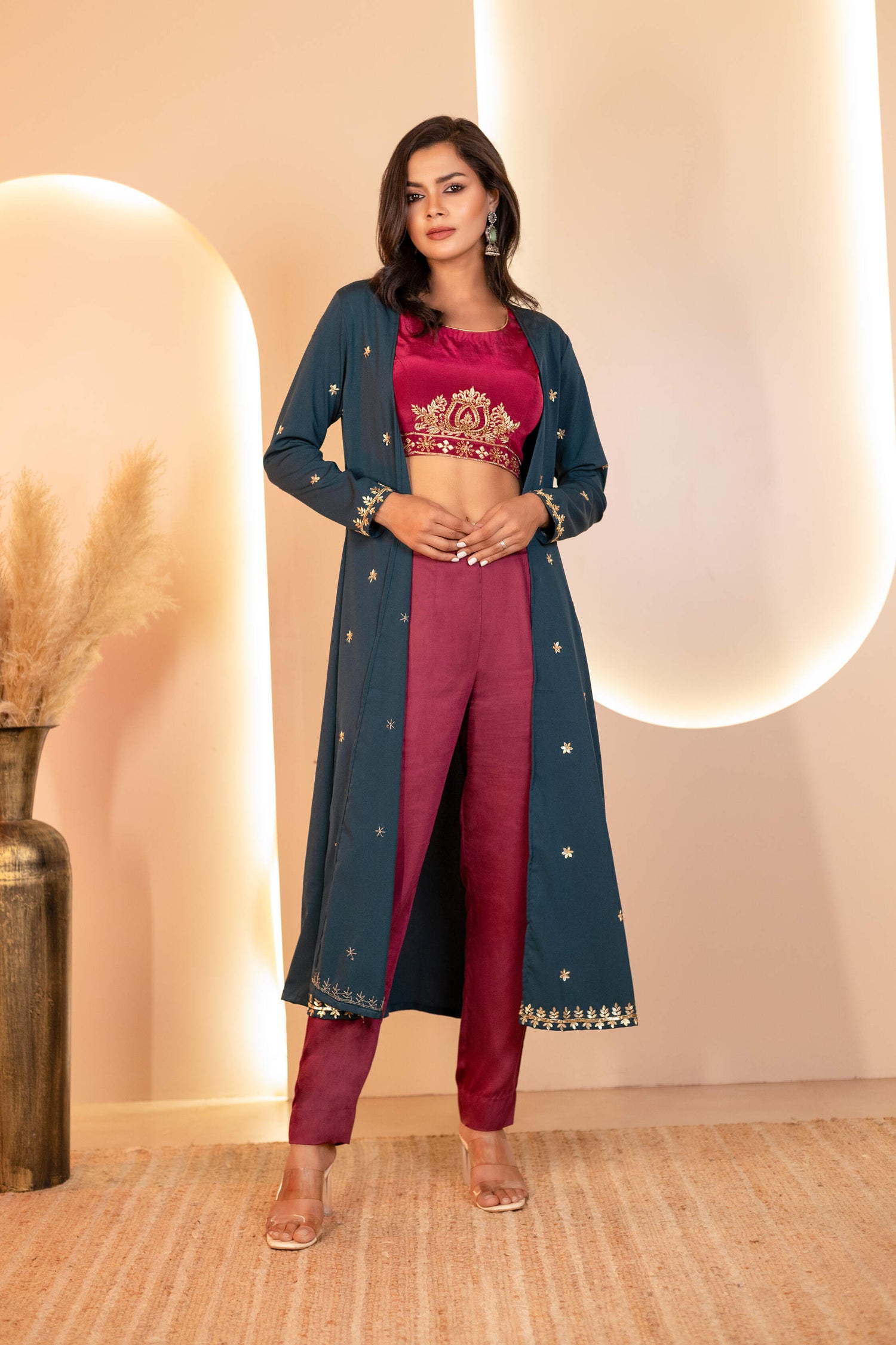 Embroidered Maroon Crepe Blouse with pants and Green Shrug