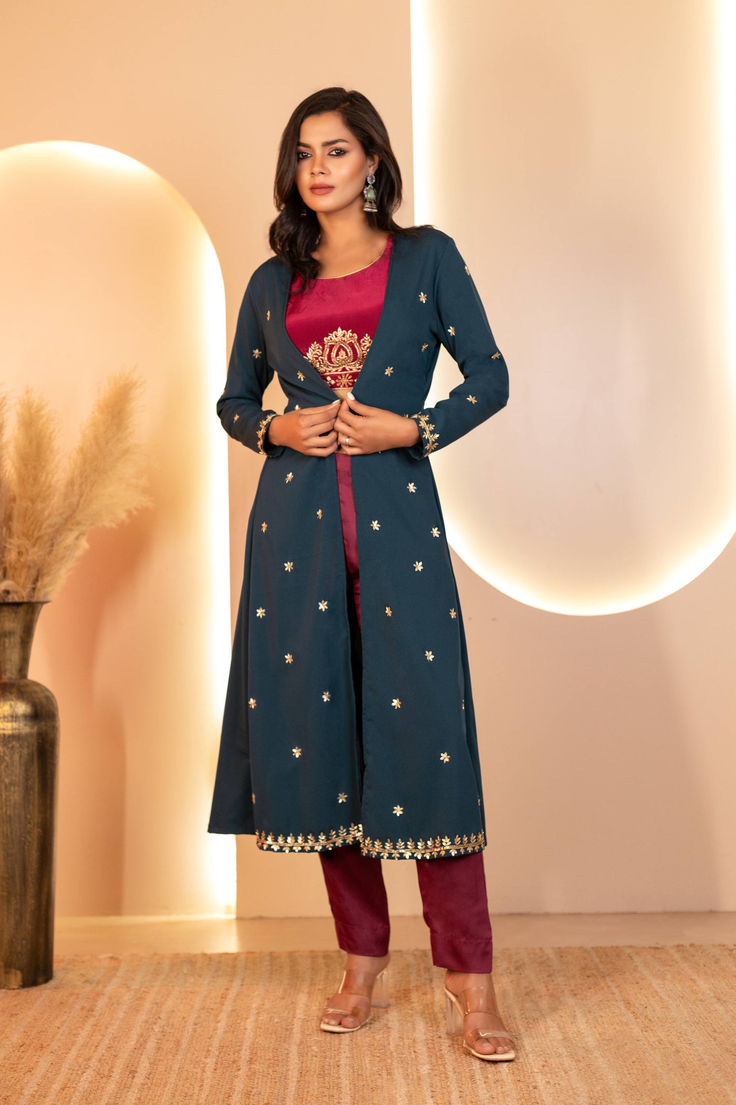 Embroidered Maroon Crepe Blouse with pants and Green Shrug