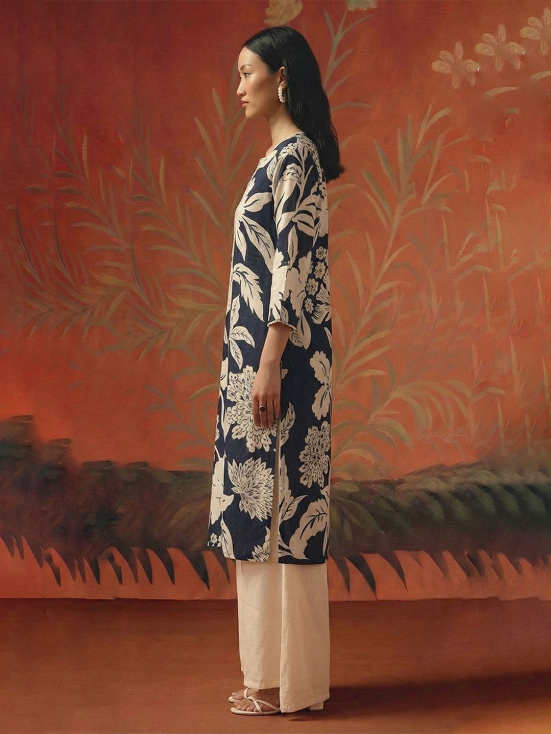 Floral Printed V-Neck Pure Cotton Kurti