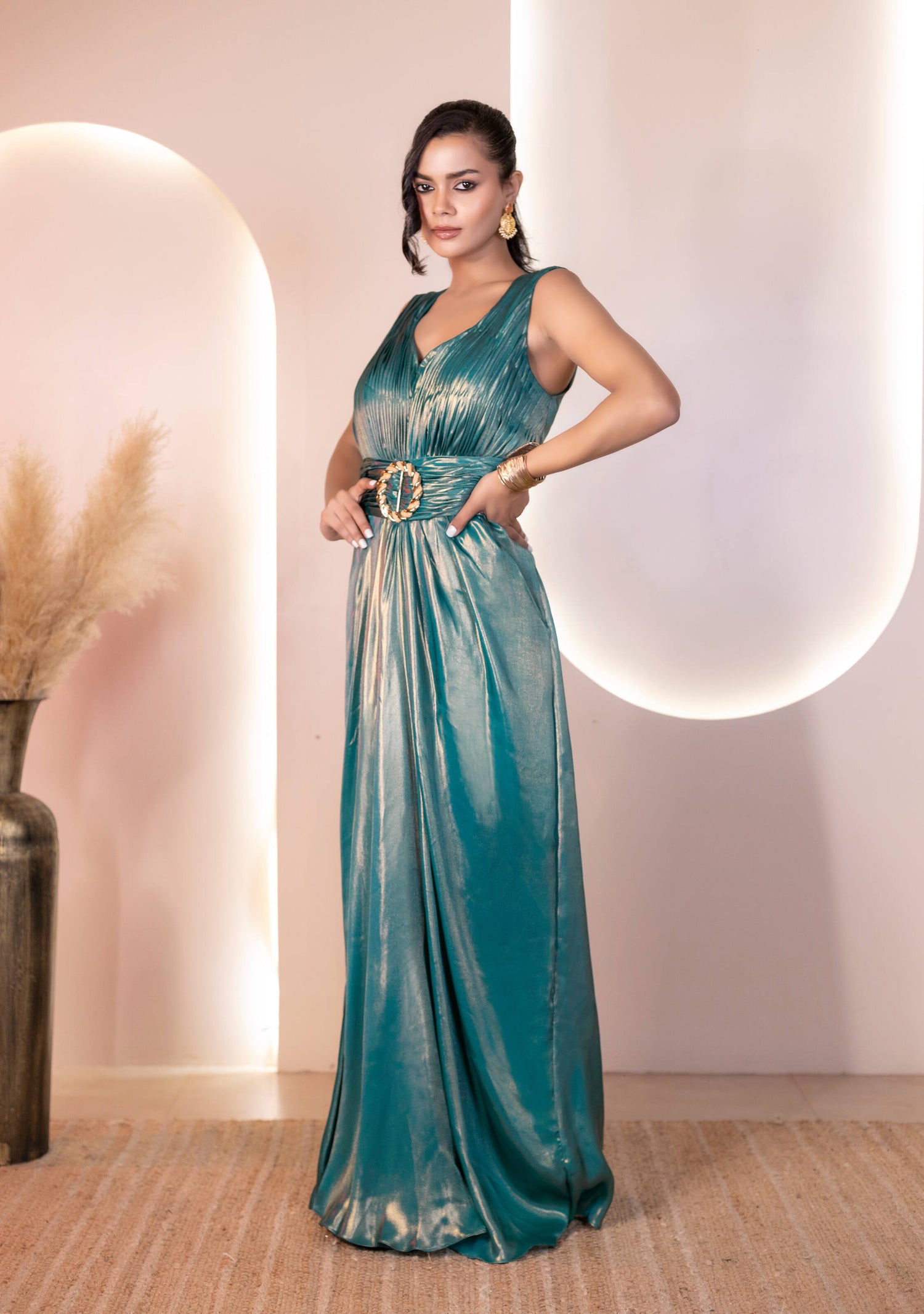 Glacy Green Metallic Georgette Gown