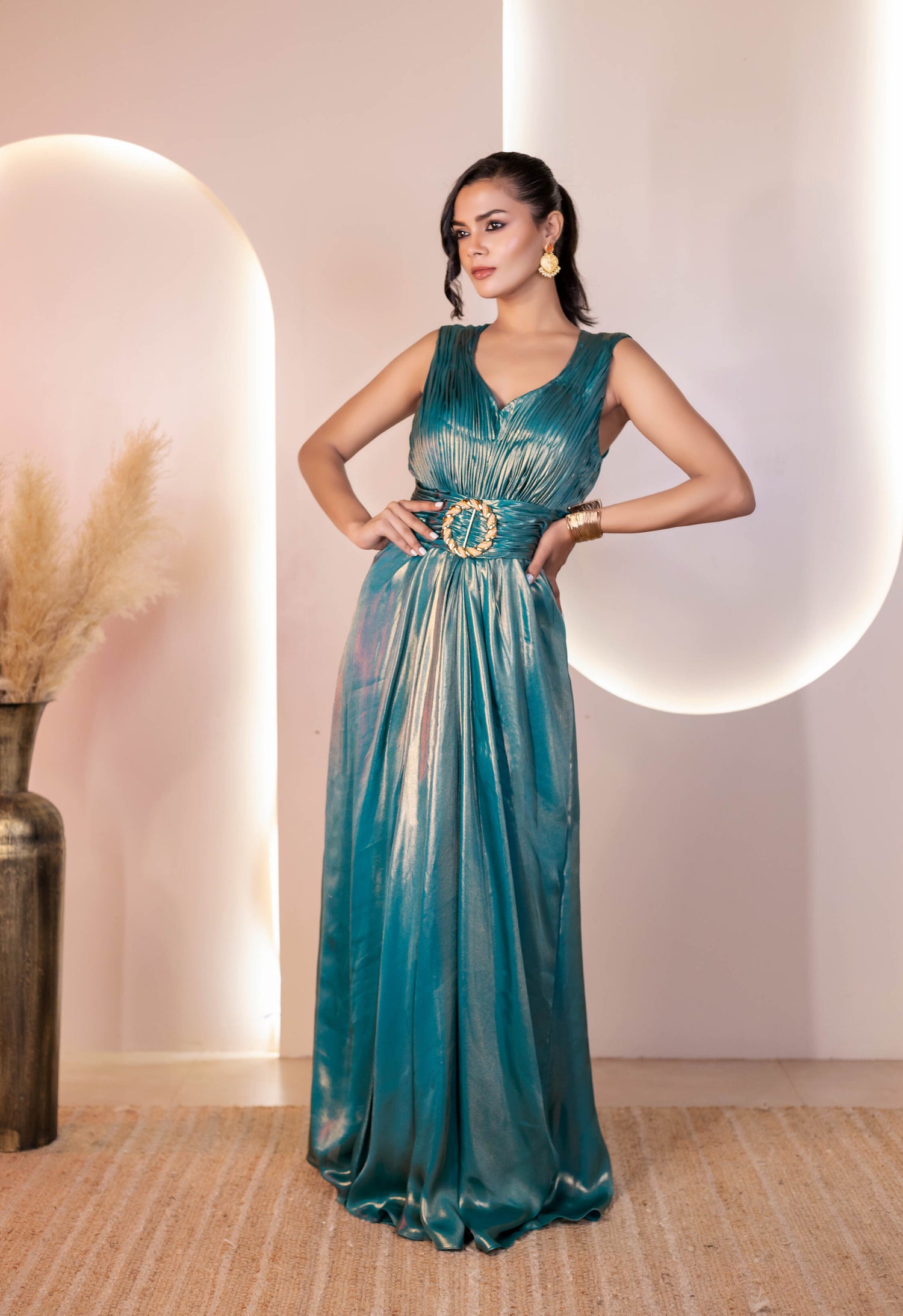 Glacy Green Metallic Georgette Gown