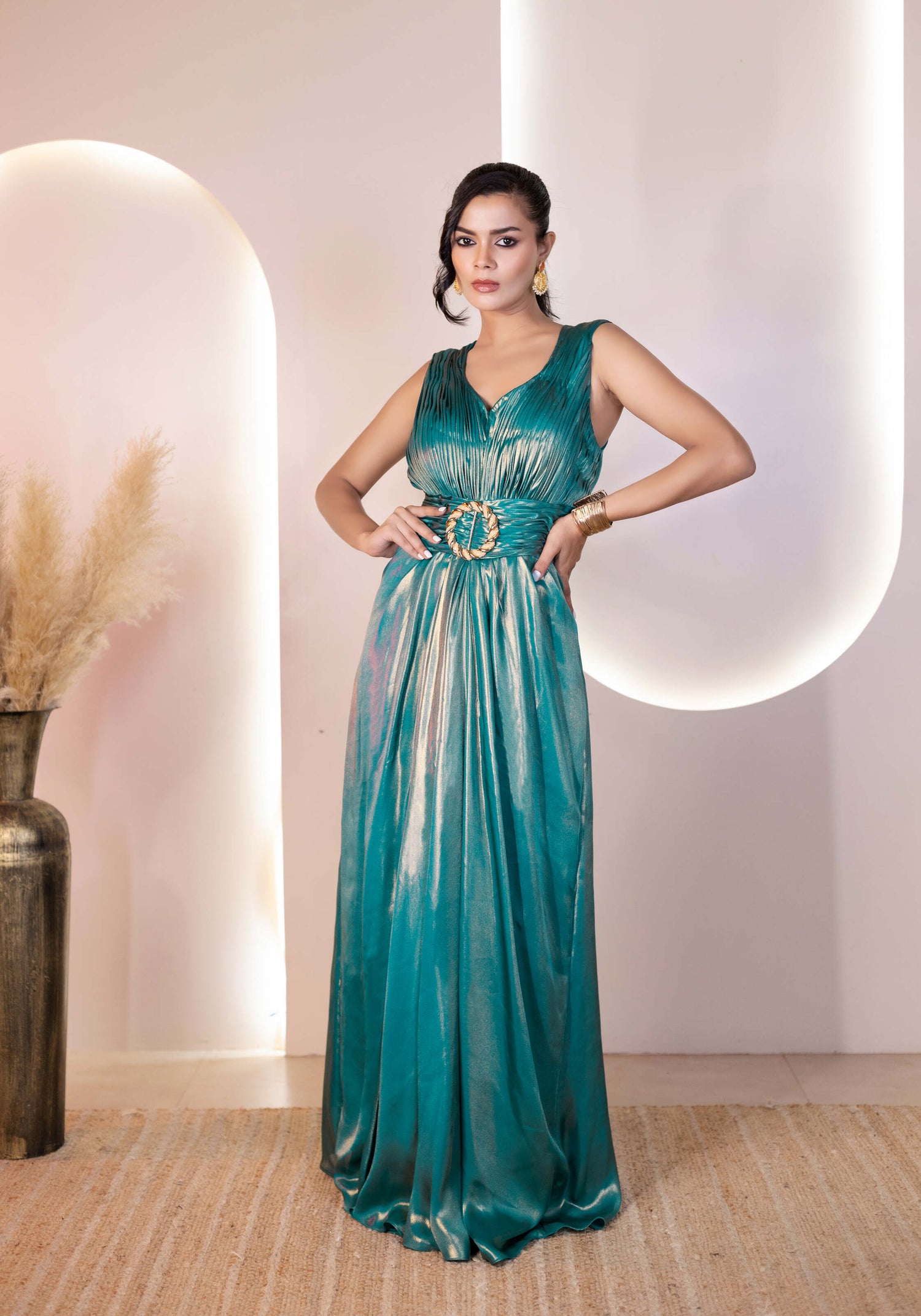 Glacy Green Metallic Georgette Gown
