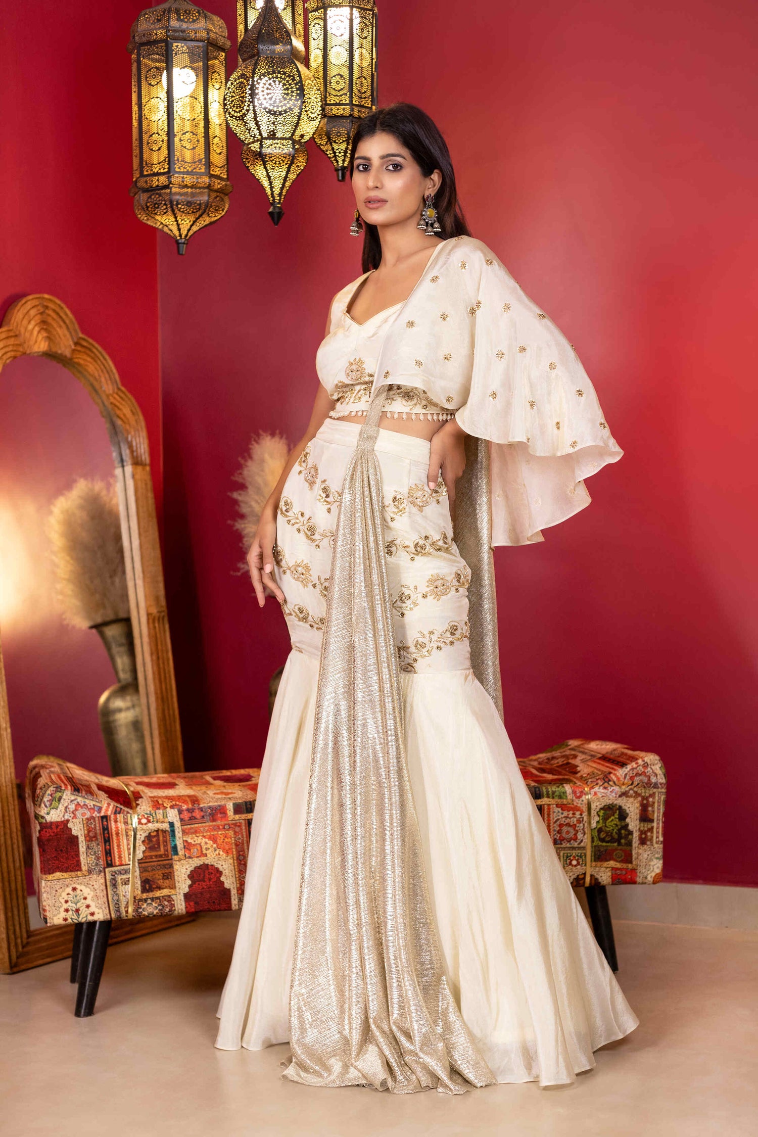 Golden Hand-Embroidered Mermaid Lehenga Set