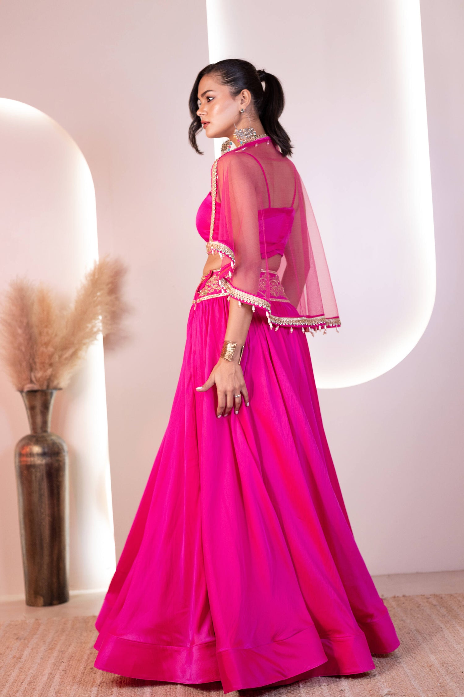 Hot Pink Hand-Embroidered Cape Lehenga Set