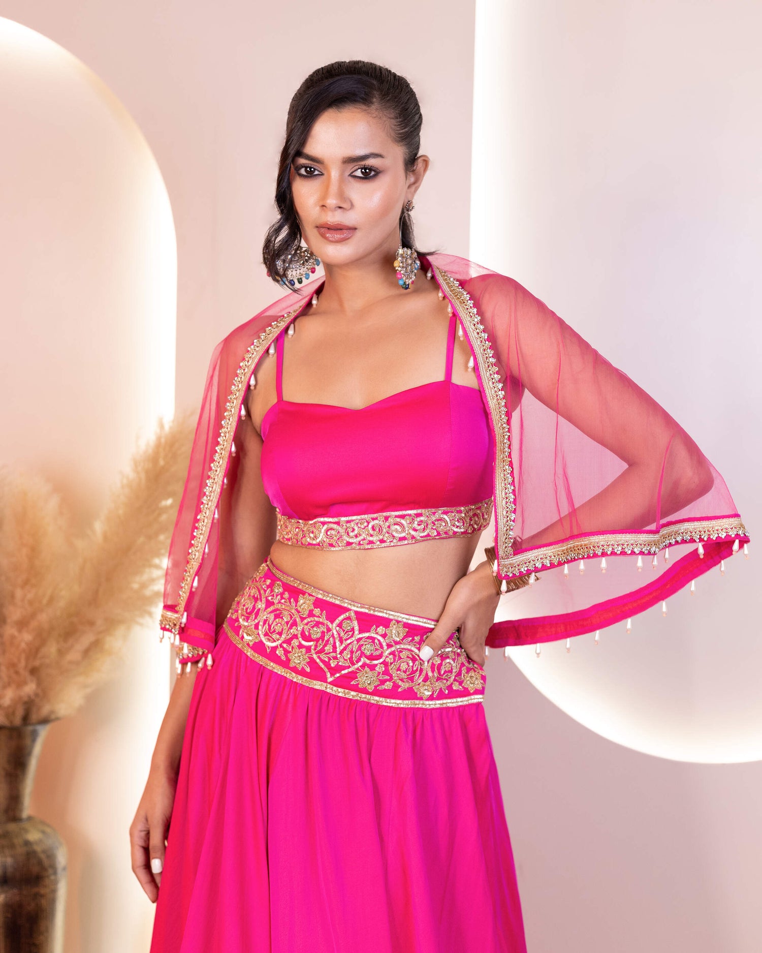 Hot Pink Hand-Embroidered Cape Lehenga Set