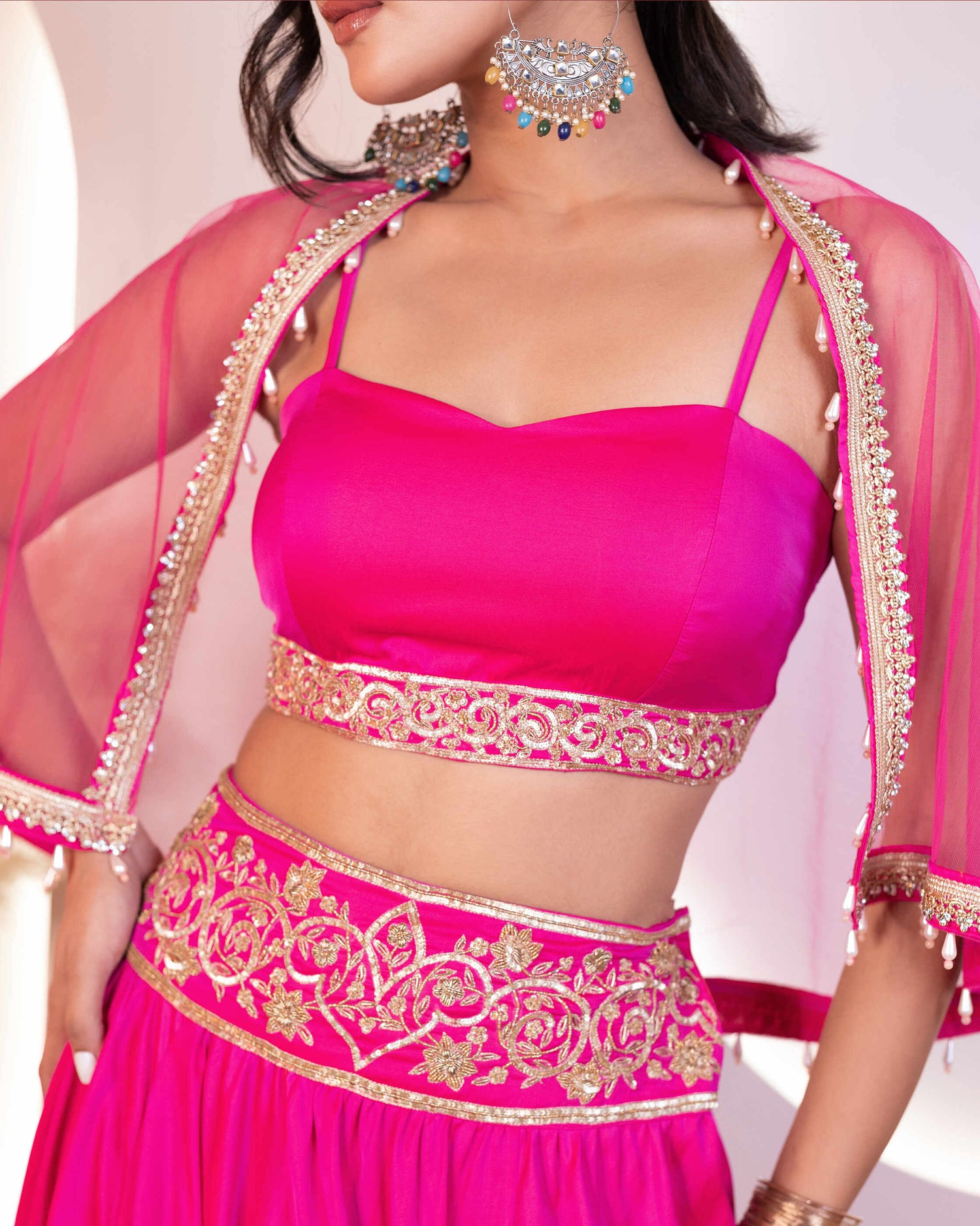 Hot Pink Hand-Embroidered Cape Lehenga Set