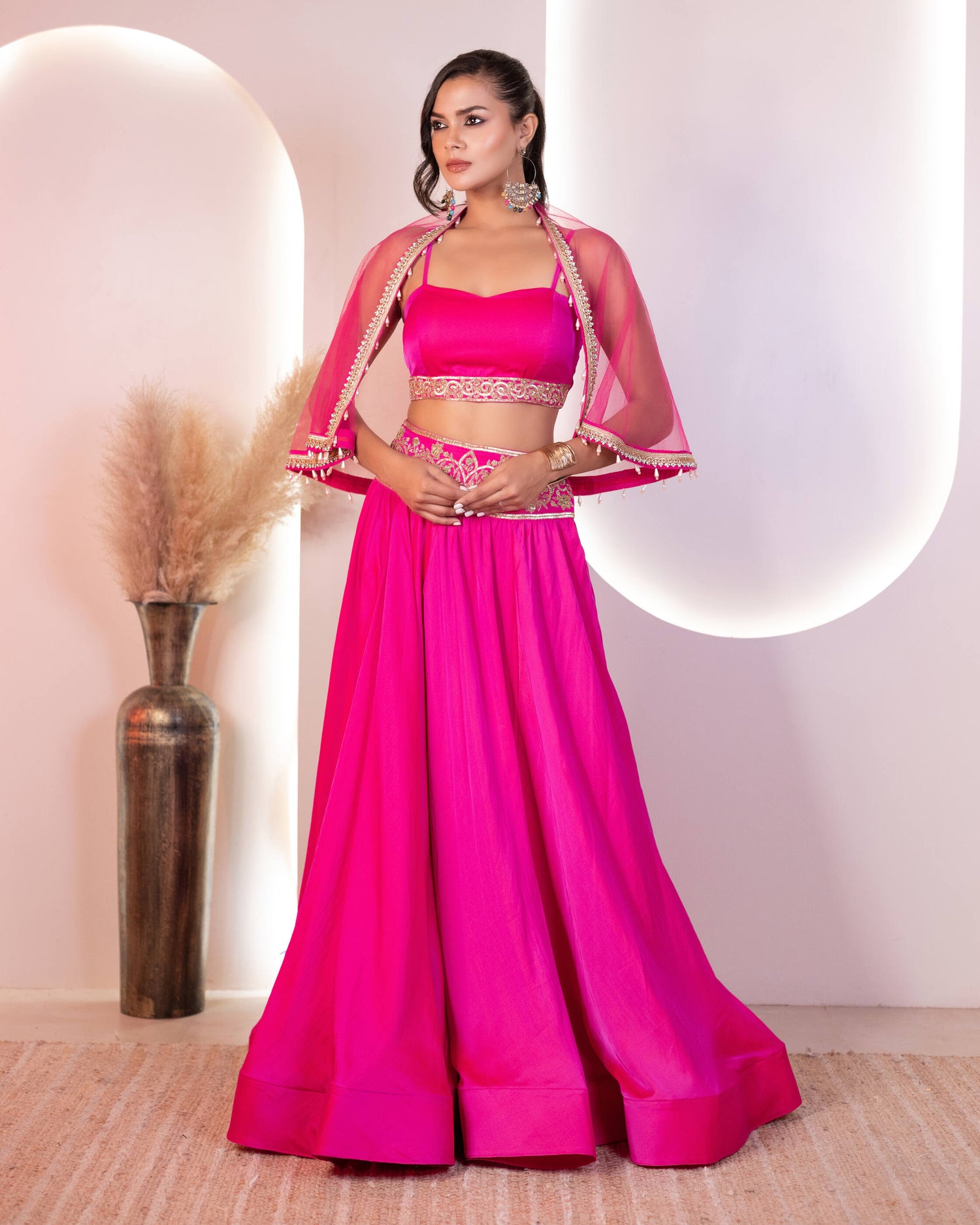 Hot Pink Hand-Embroidered Cape Lehenga Set