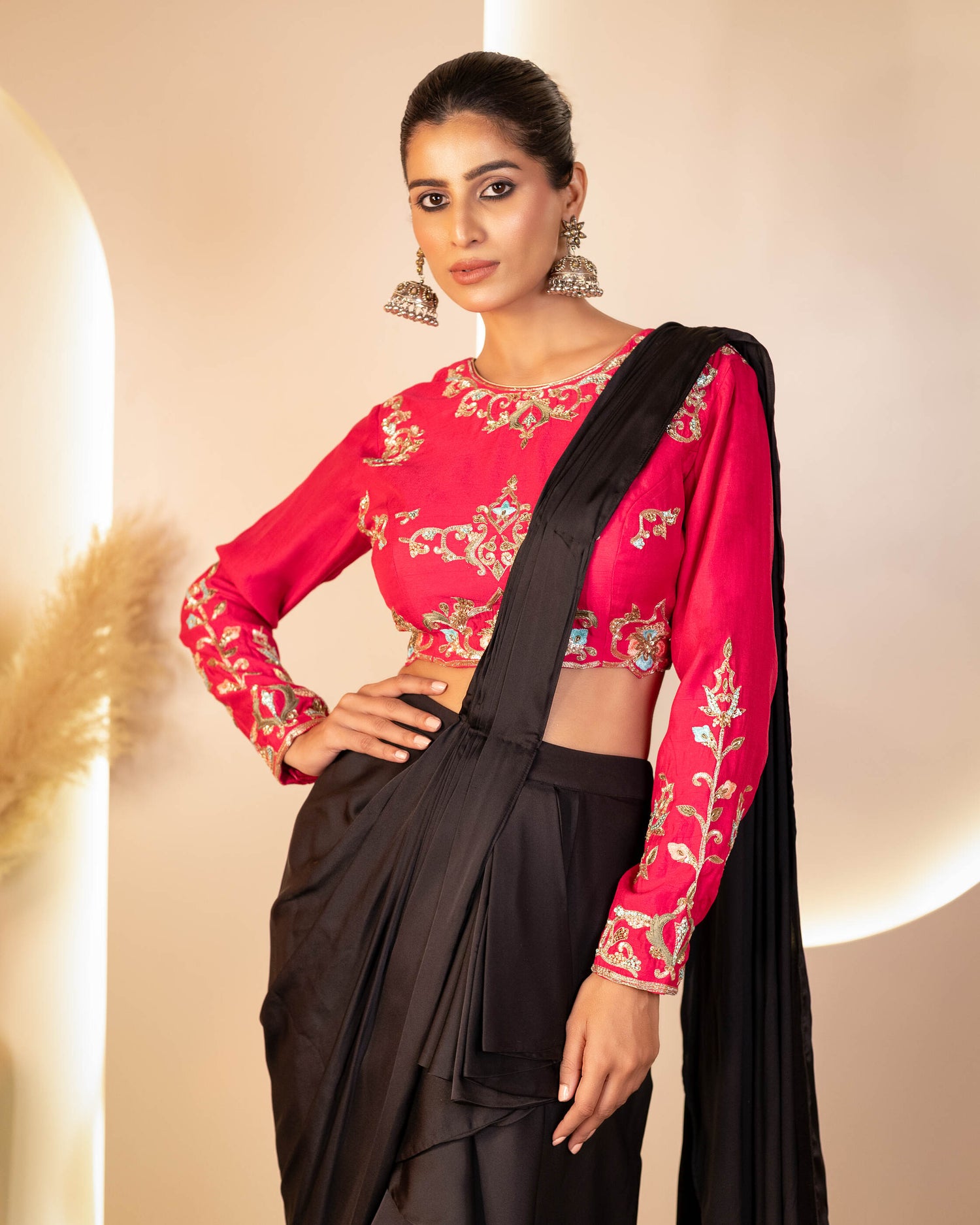 Hot Pink and Black Hand-Embroidered Drape Saree
