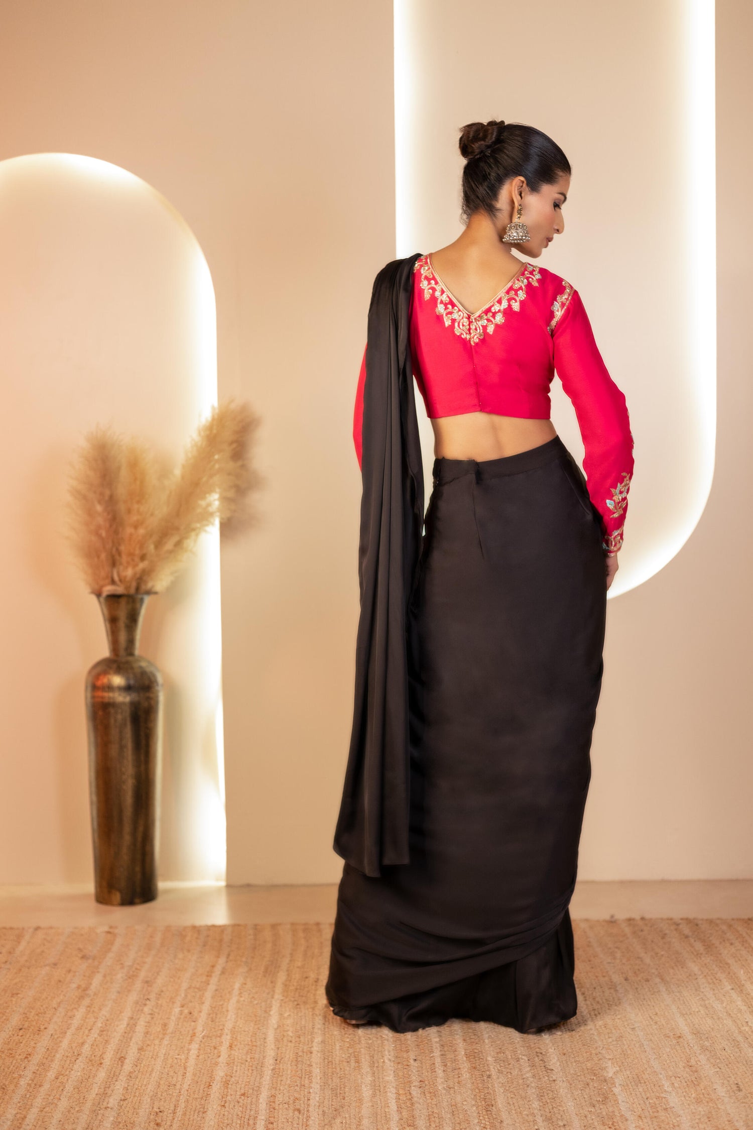 Hot Pink and Black Hand-Embroidered Drape Saree