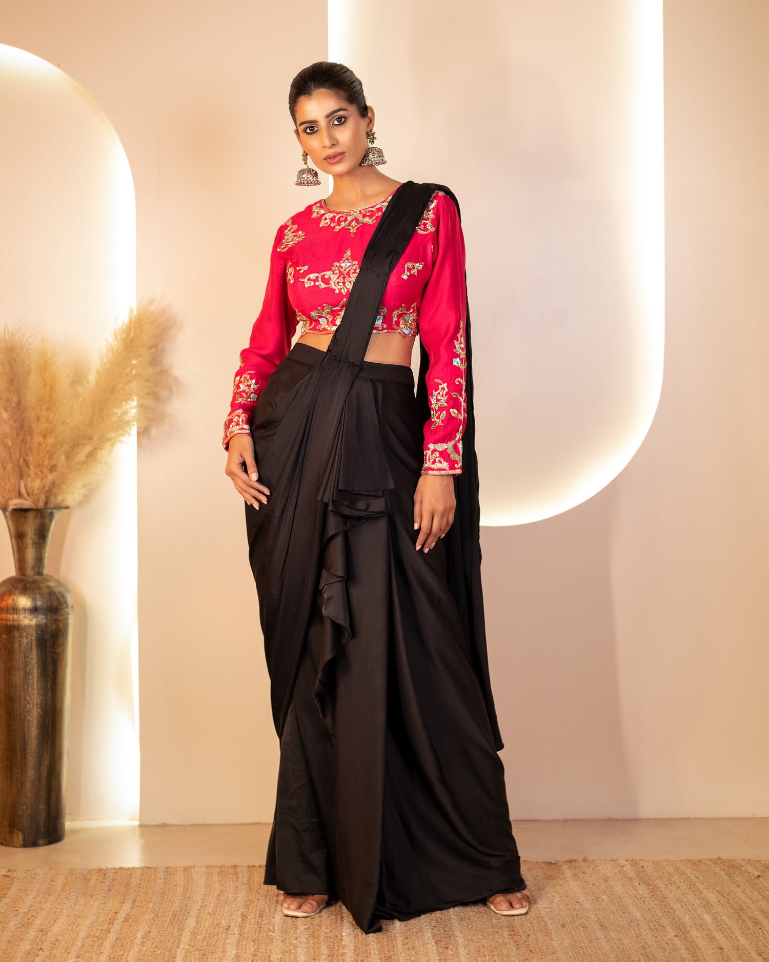 Hot Pink and Black Hand-Embroidered Drape Saree