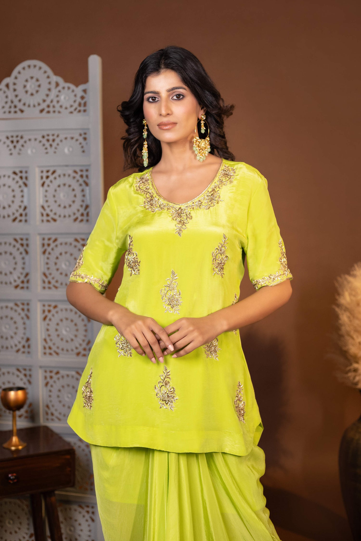 Lime Green Designer Embroidered Top and Drape Skirt Set