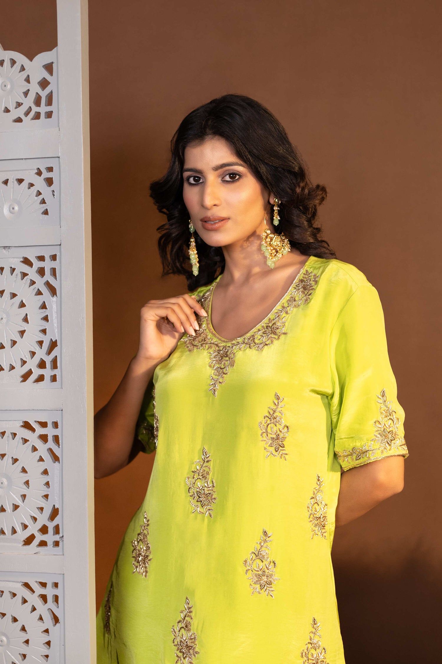 Lime Green Designer Embroidered Top and Drape Skirt Set