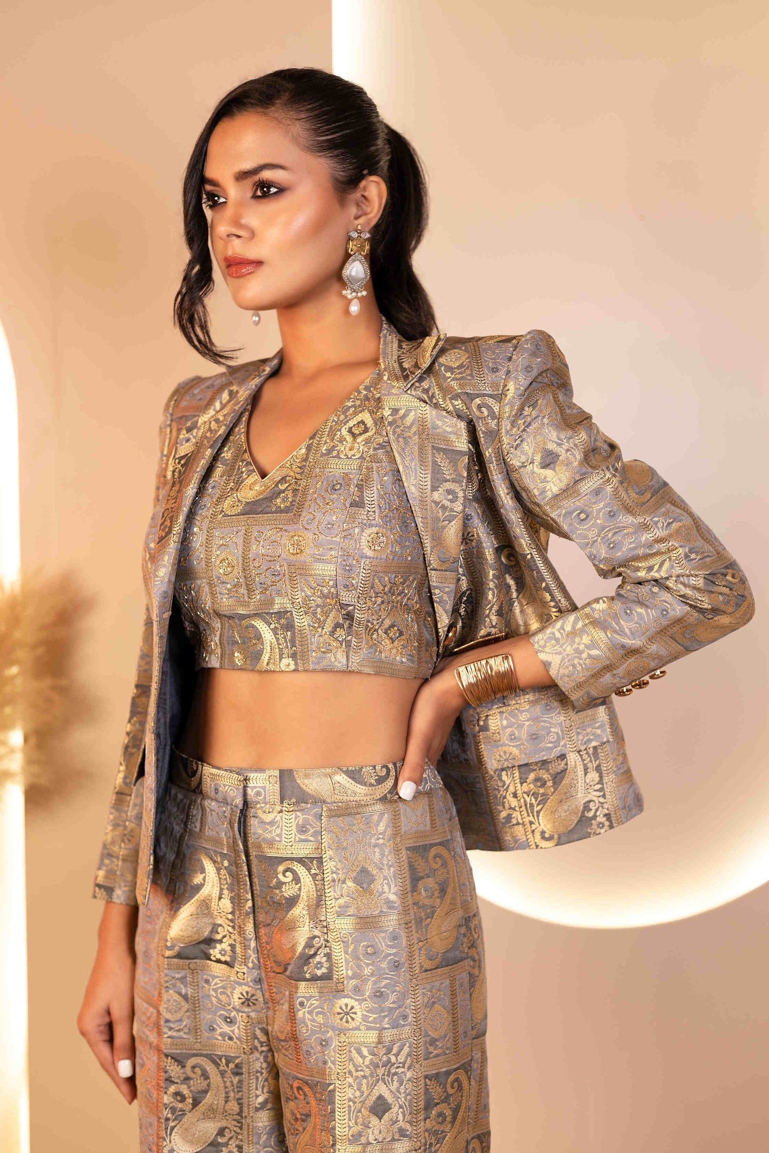 Luxurious Grey Brocade Pantsuit