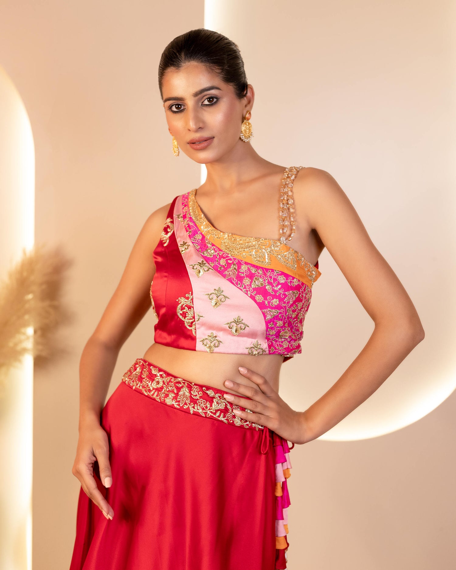 Maroon Milano Satin Lehenga with Multicolor blouse with hand embroidery