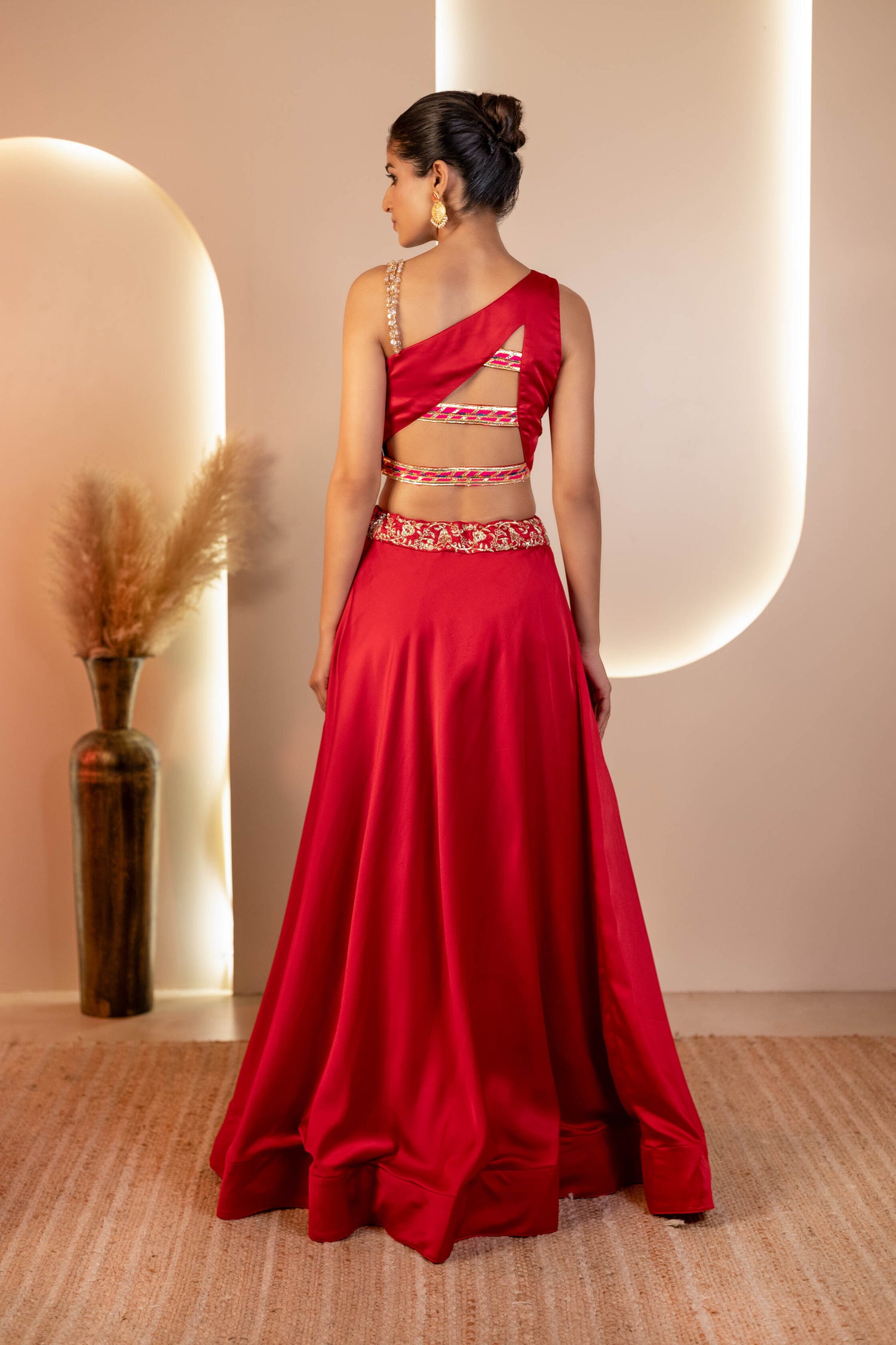 Maroon Milano Satin Lehenga with Multicolor blouse with hand embroidery