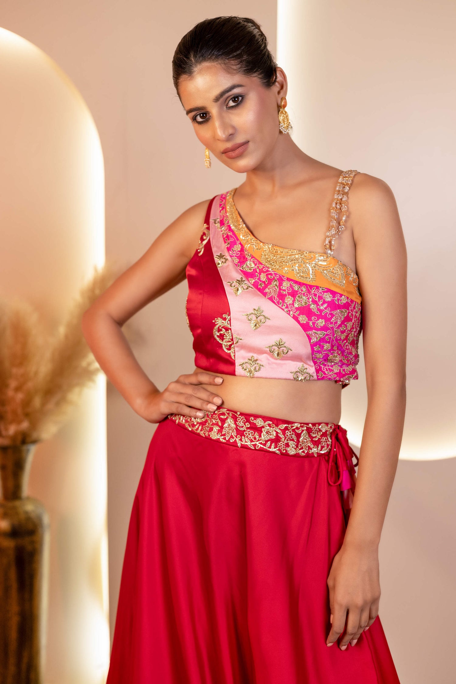 Maroon Milano Satin Lehenga with Multicolor blouse with hand embroidery