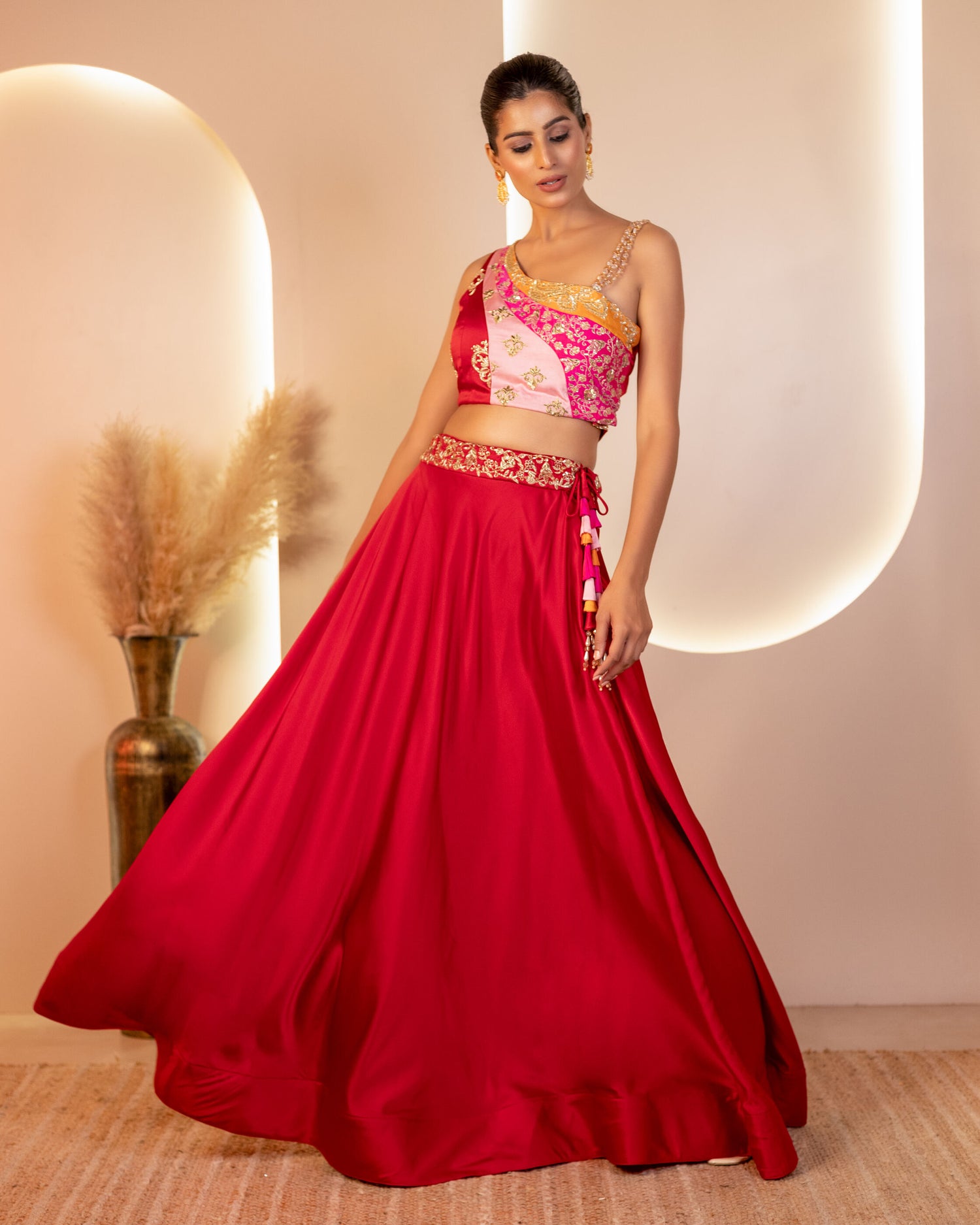Maroon Milano Satin Lehenga with Multicolor blouse with hand embroidery