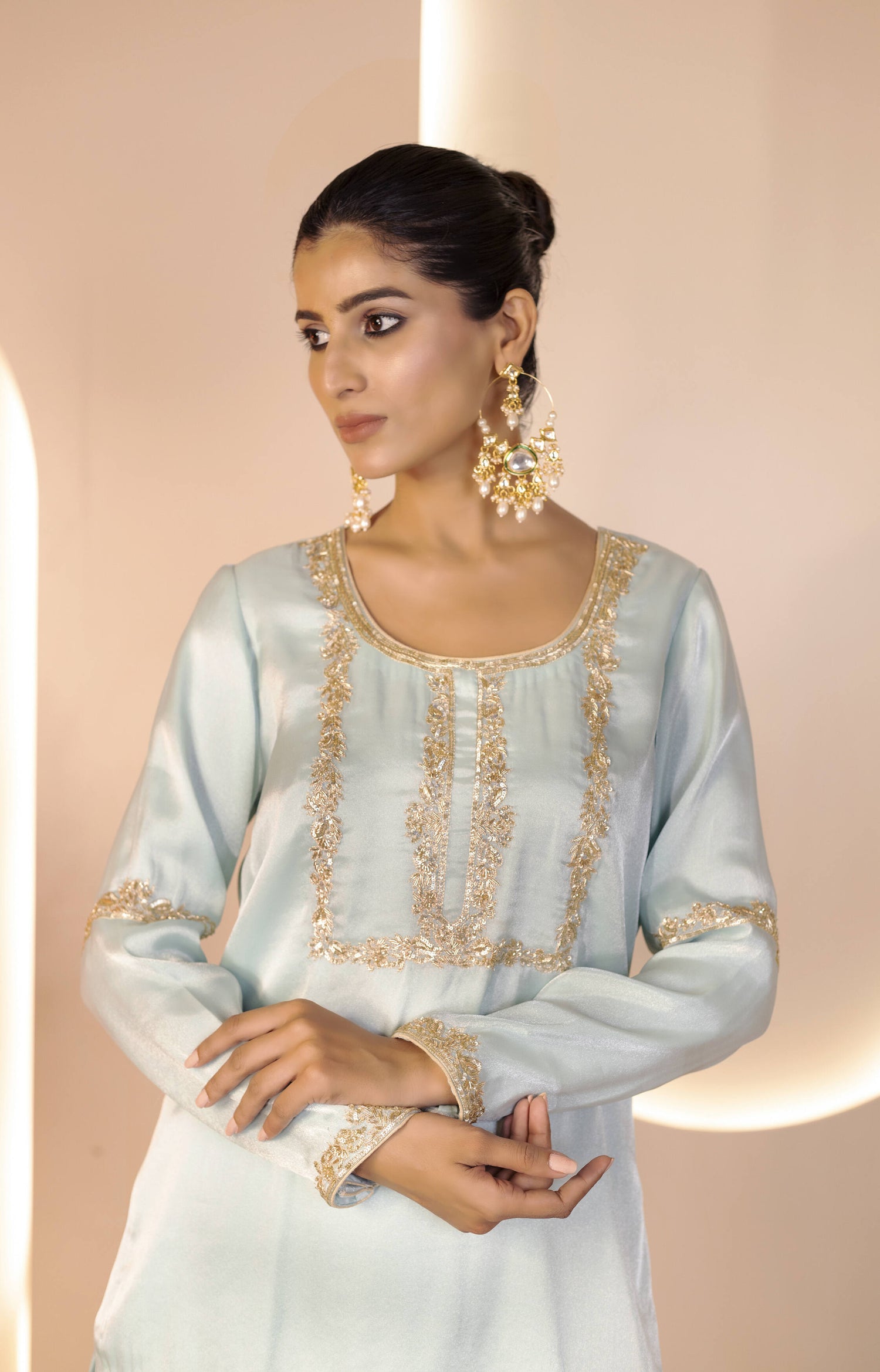 Mint Green Heavy-Embroidered Crystal Organza Kurta with Garara and Orange Dupatta