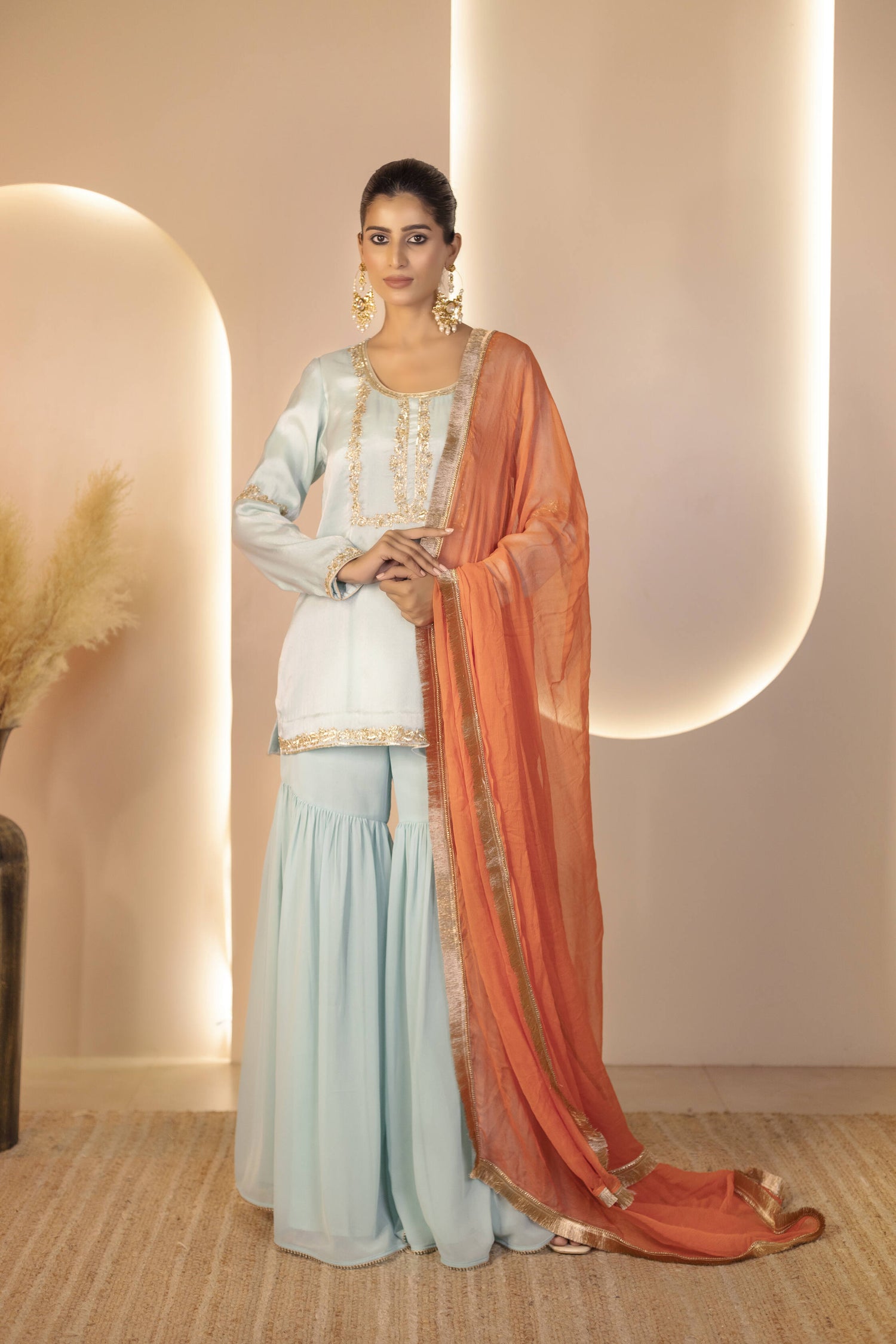 Mint Green Heavy-Embroidered Crystal Organza Kurta with Garara and Orange Dupatta