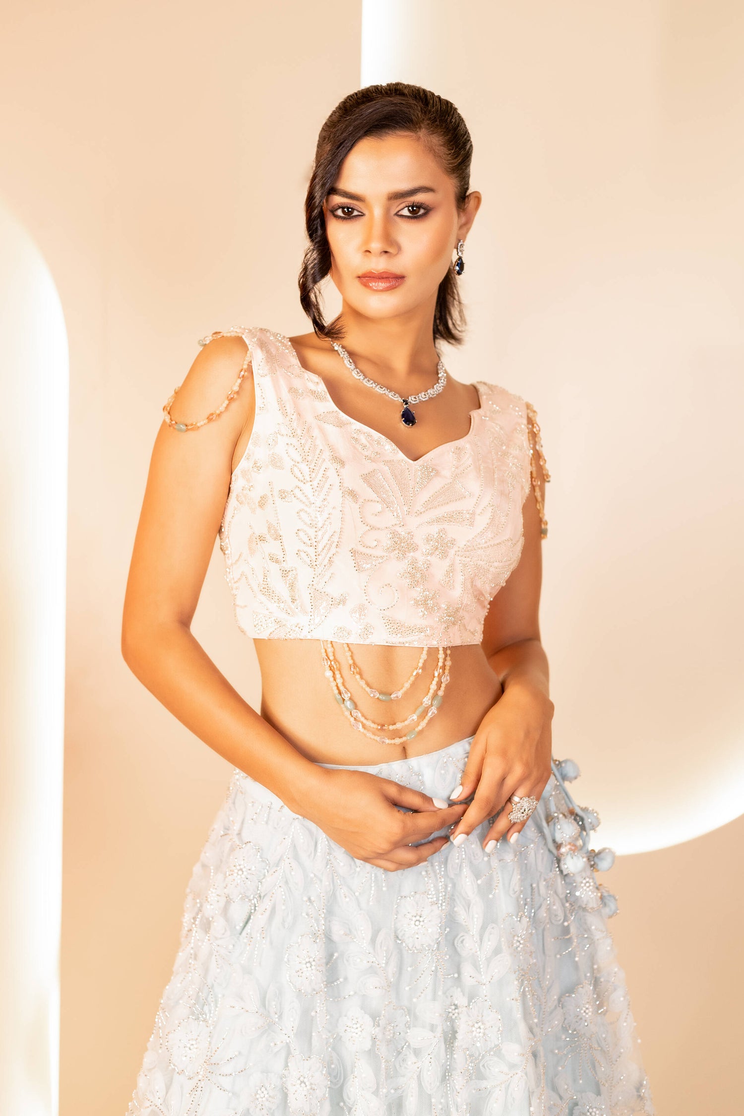 Mint Green and Peach Net Ensemble with 3D Embroidery
