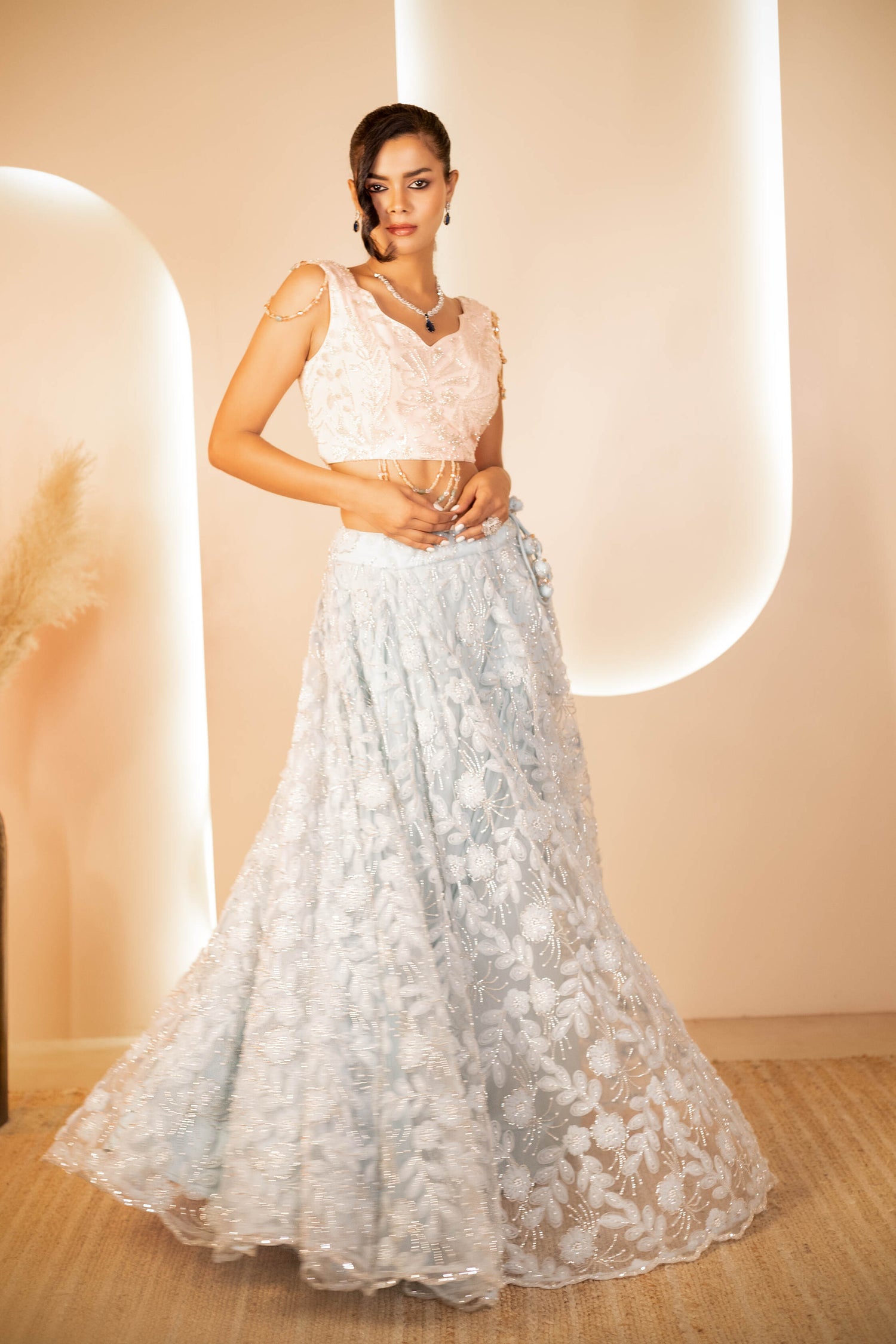 Mint Green and Peach Net Ensemble with 3D Embroidery
