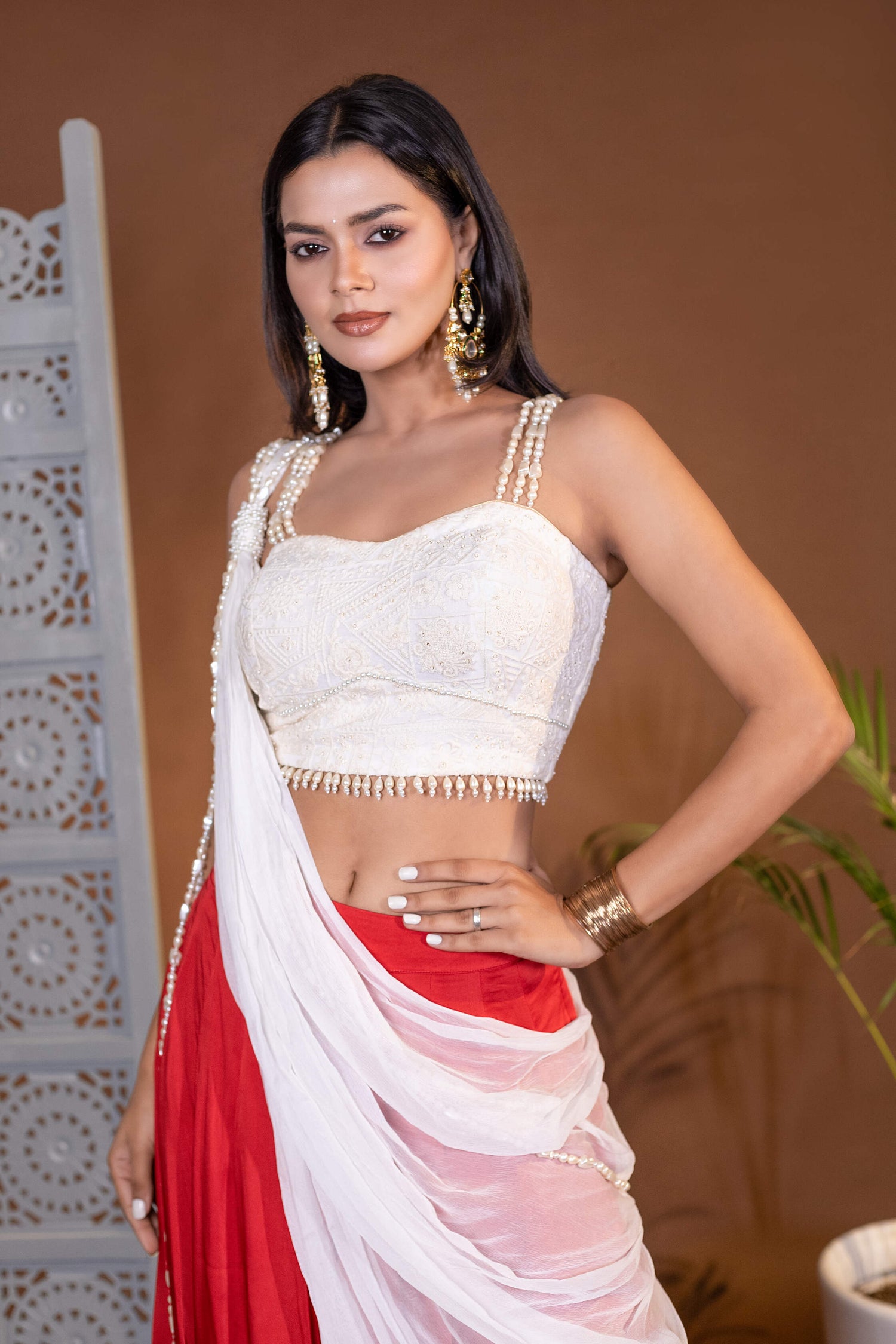 Off White and Red Hand-Embroidered Chikankari Blouse, Skirt, and Pearl Dupatta Set