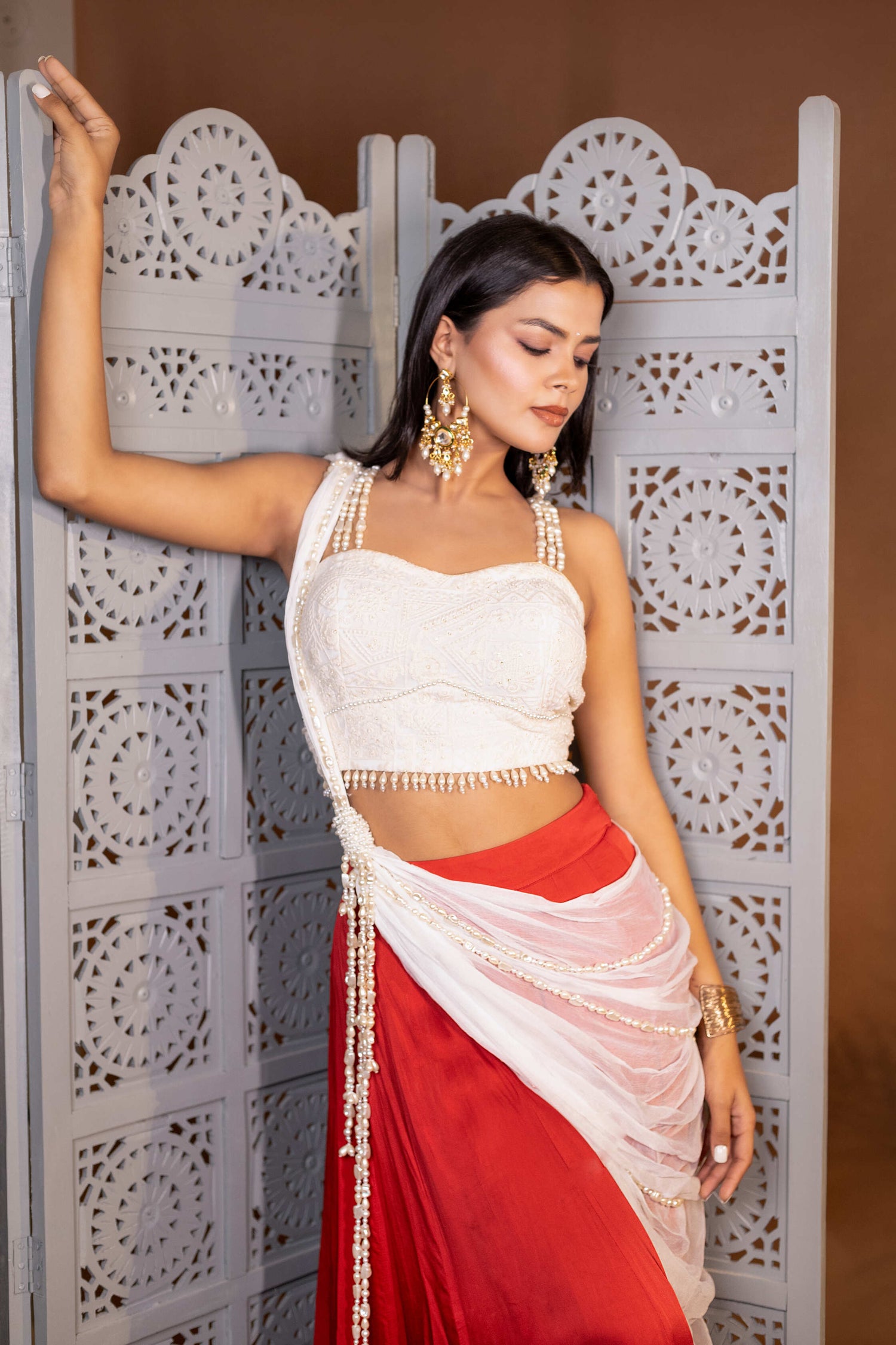 Off White and Red Hand-Embroidered Chikankari Blouse, Skirt, and Pearl Dupatta Set