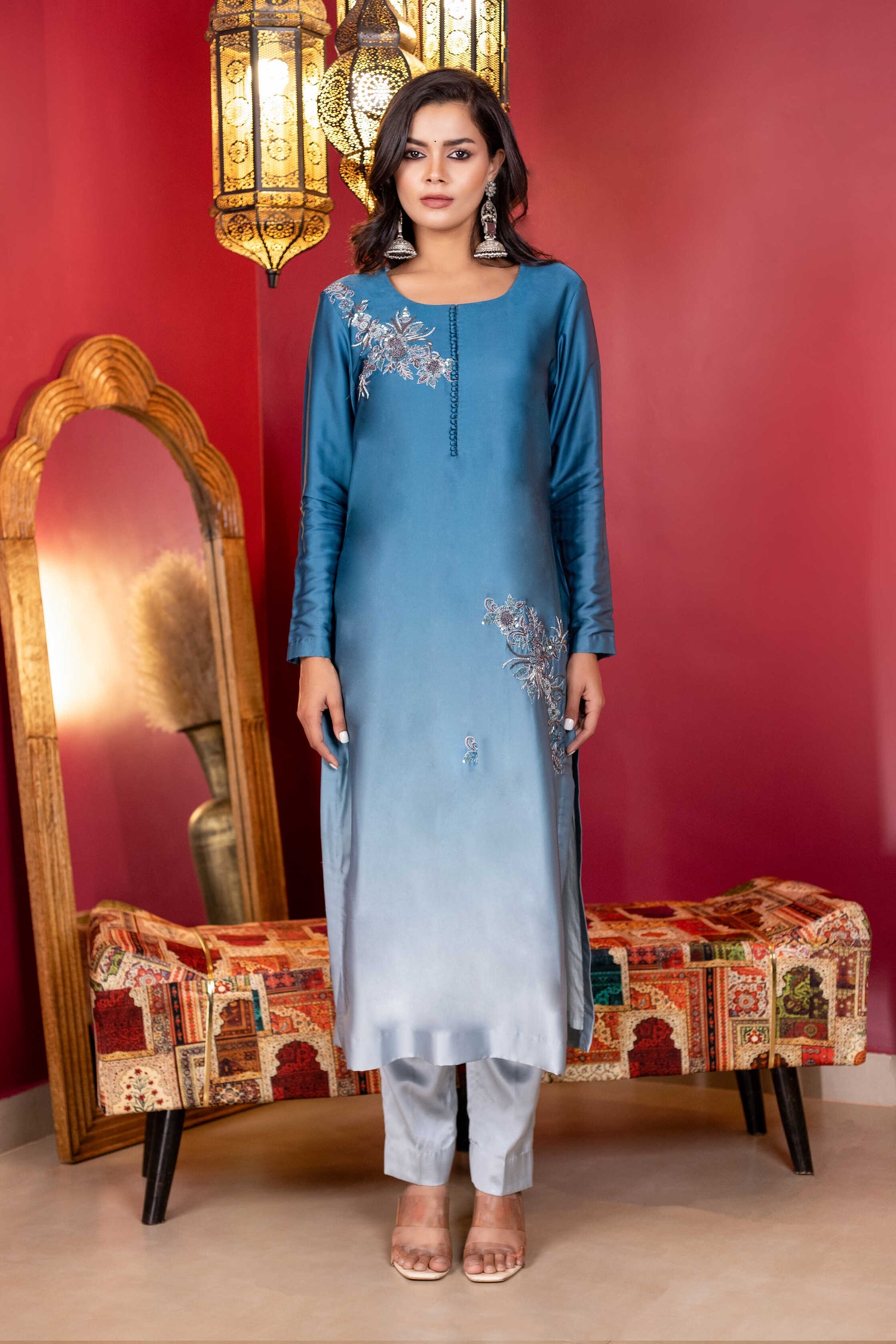 Ombre Hand-Embroidered Armani Crepe Kurta Set