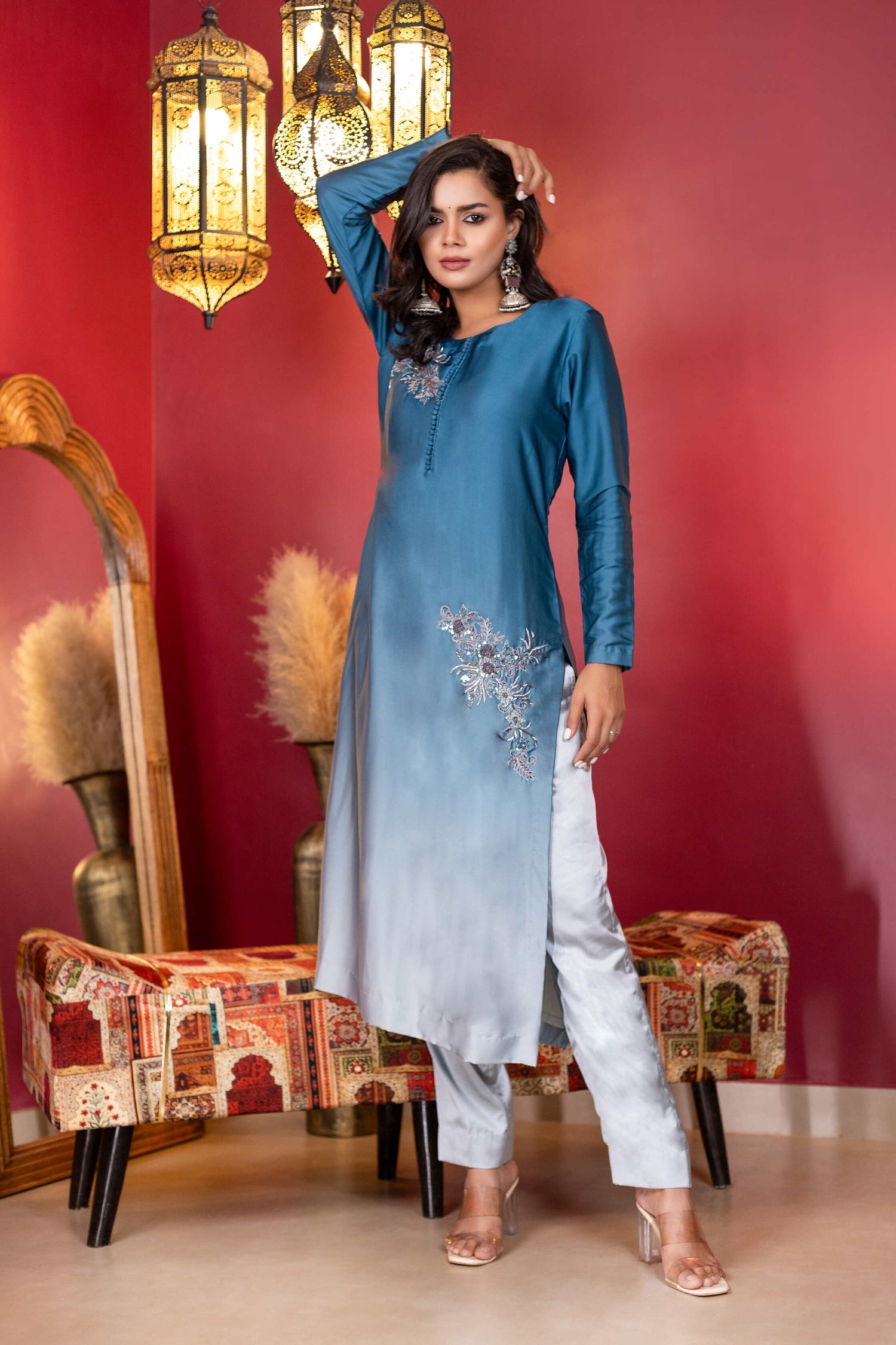 Ombre Hand-Embroidered Armani Crepe Kurta Set
