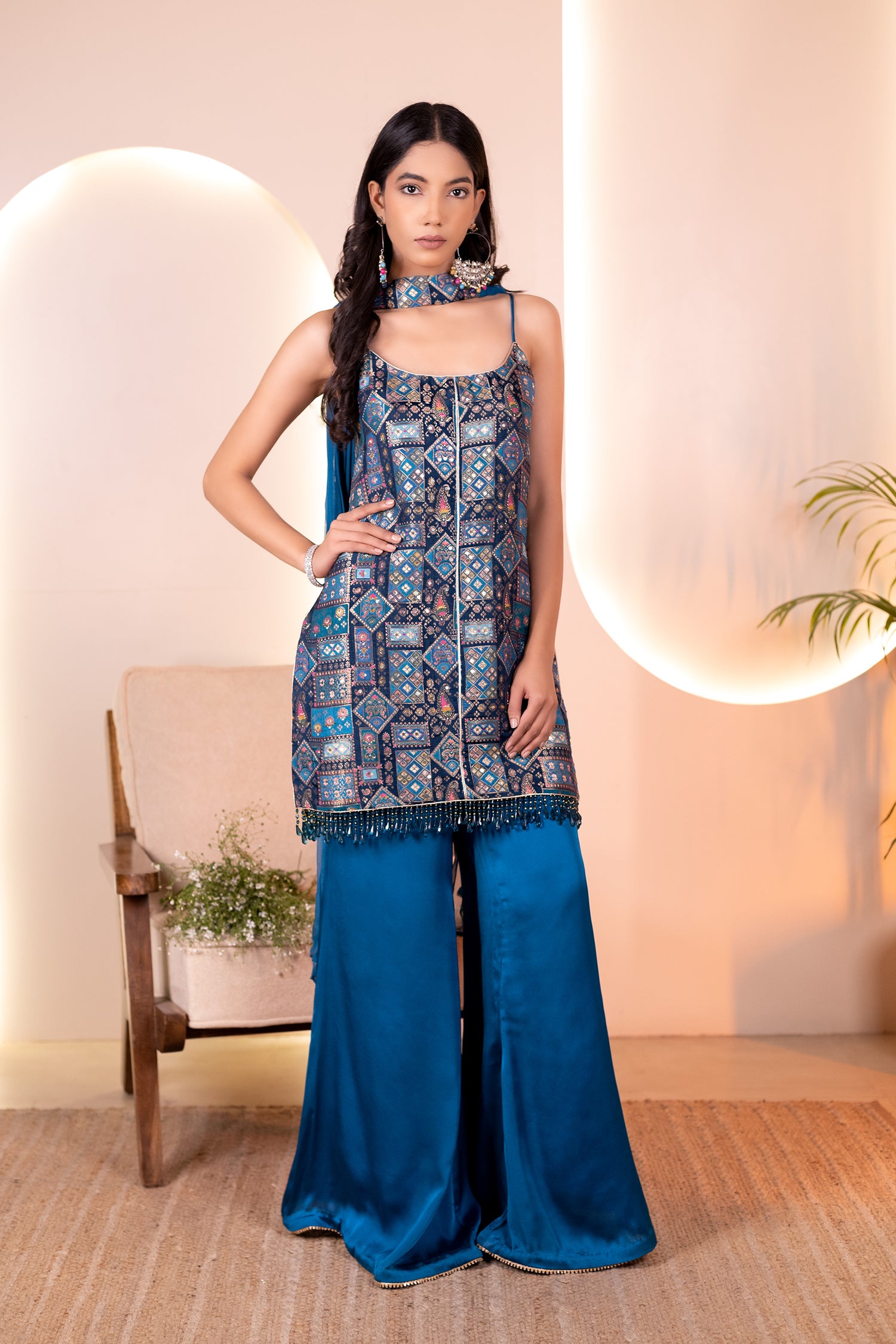 Vibrant Blue Brocade kurti Set
