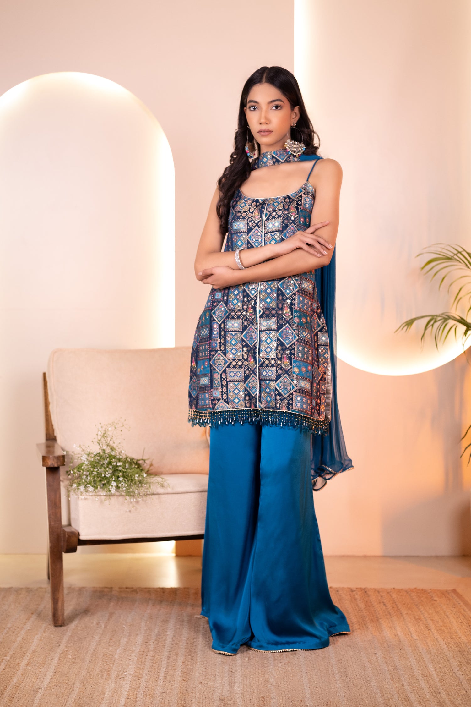 Vibrant Blue Brocade kurti Set