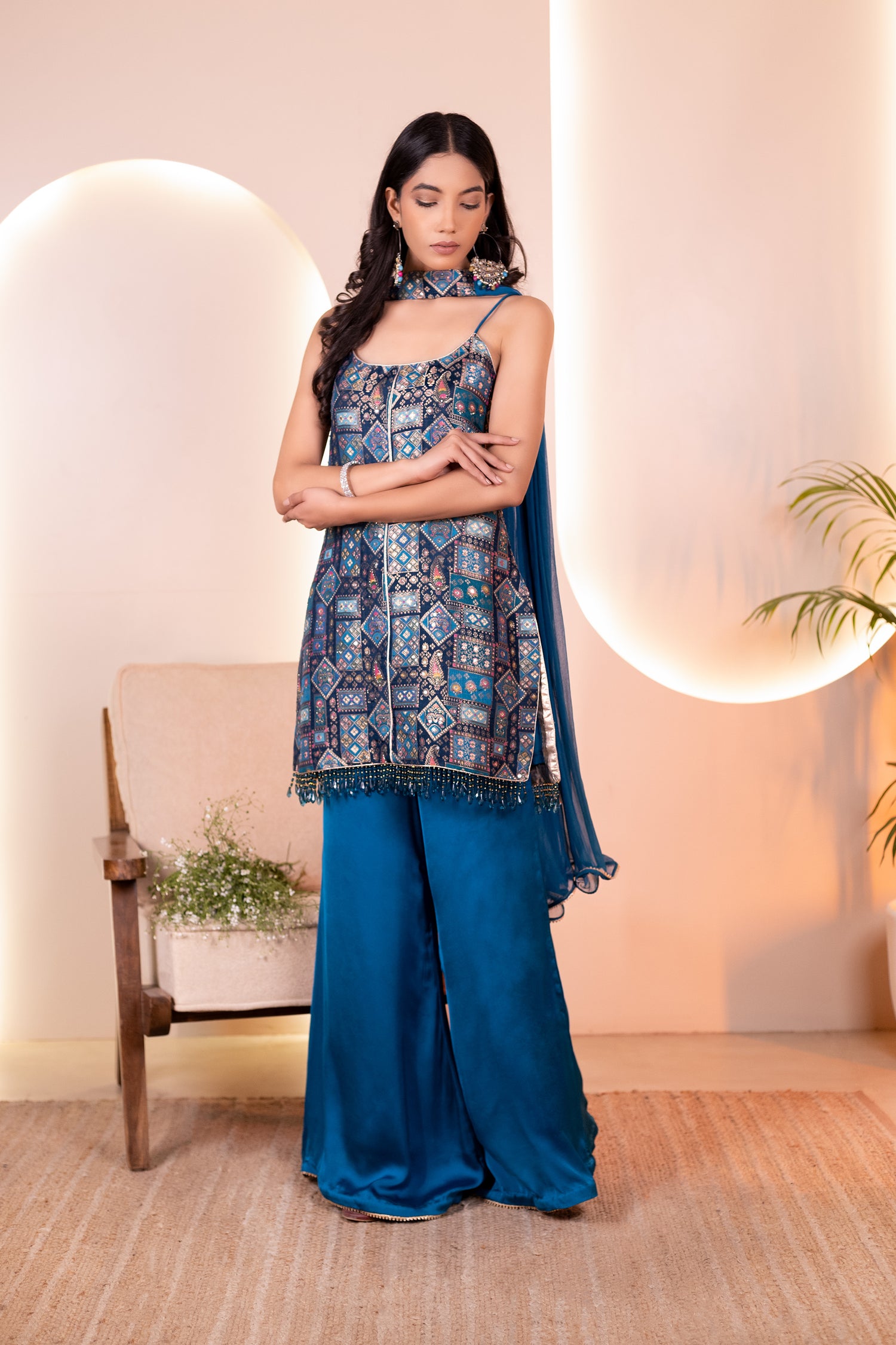 Vibrant Blue Brocade kurti Set
